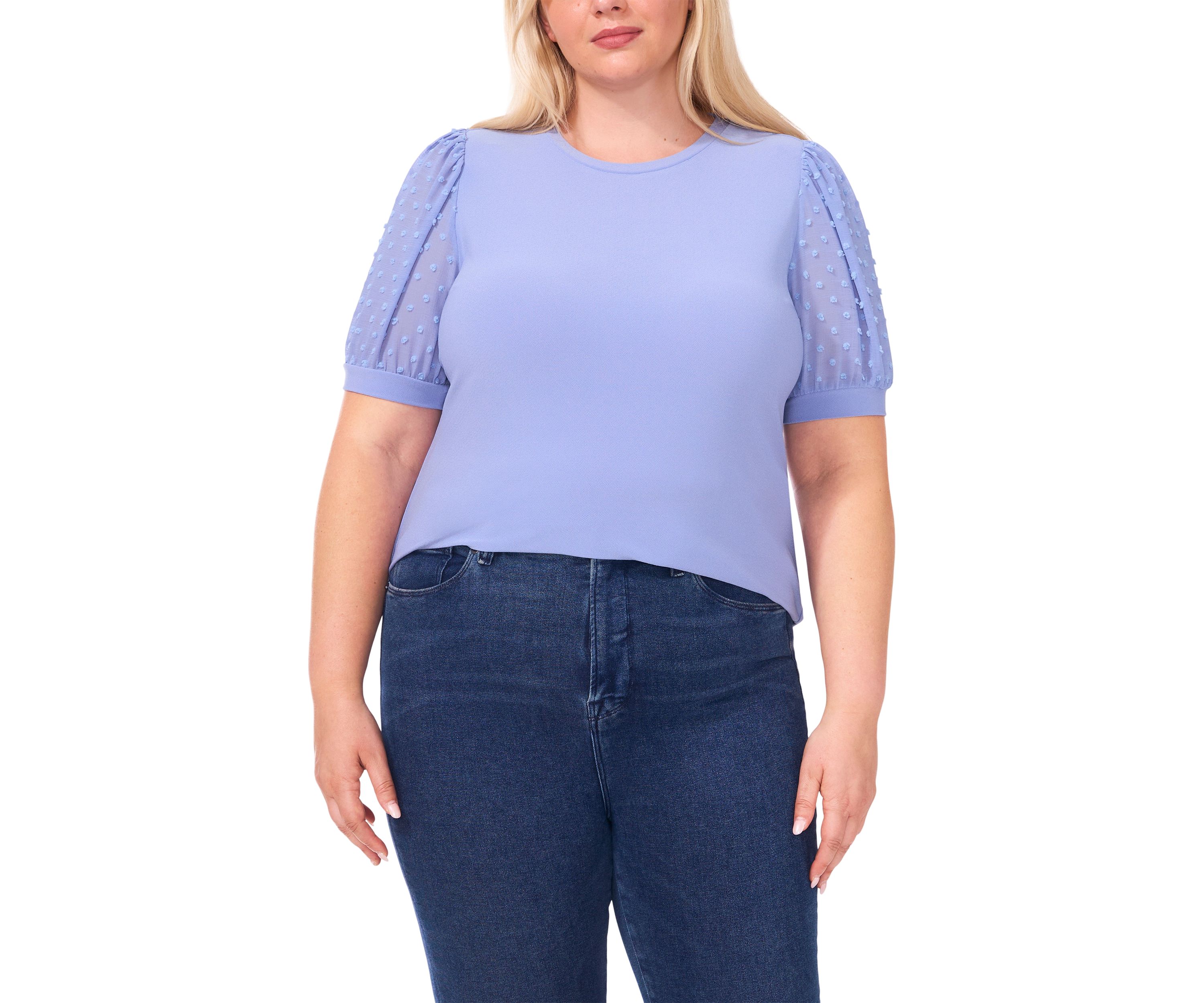 Plus Size Crew Neck Puff Sleeve Mixed Media Knit Top