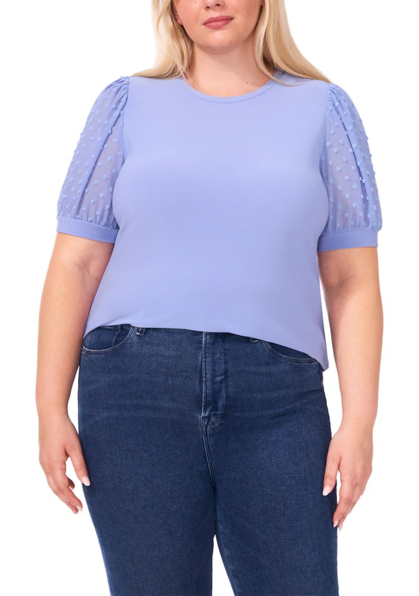 Plus Size Crew Neck Puff Sleeve Mixed Media Knit Top