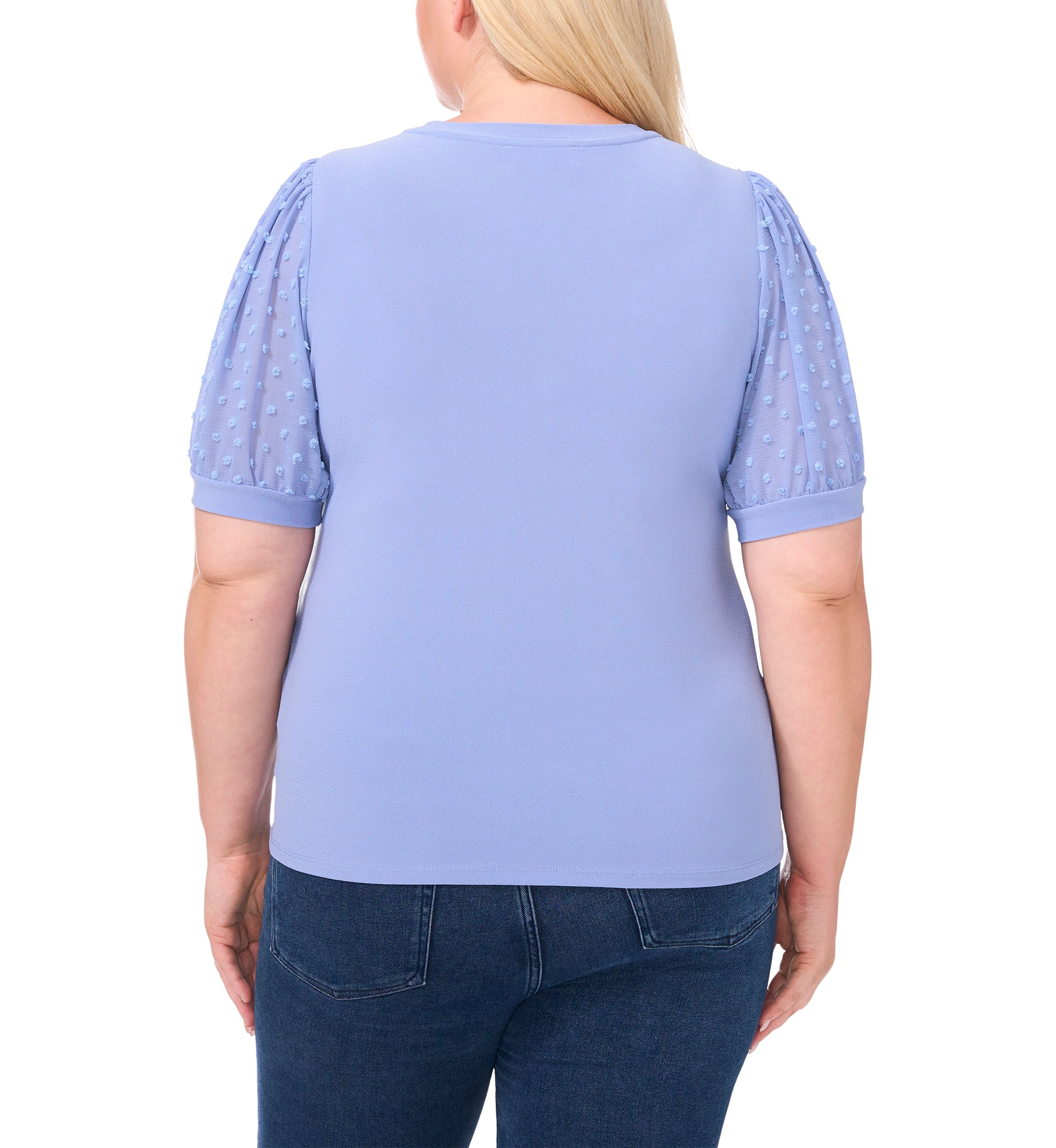 Plus Size Crew Neck Puff Sleeve Mixed Media Knit Top