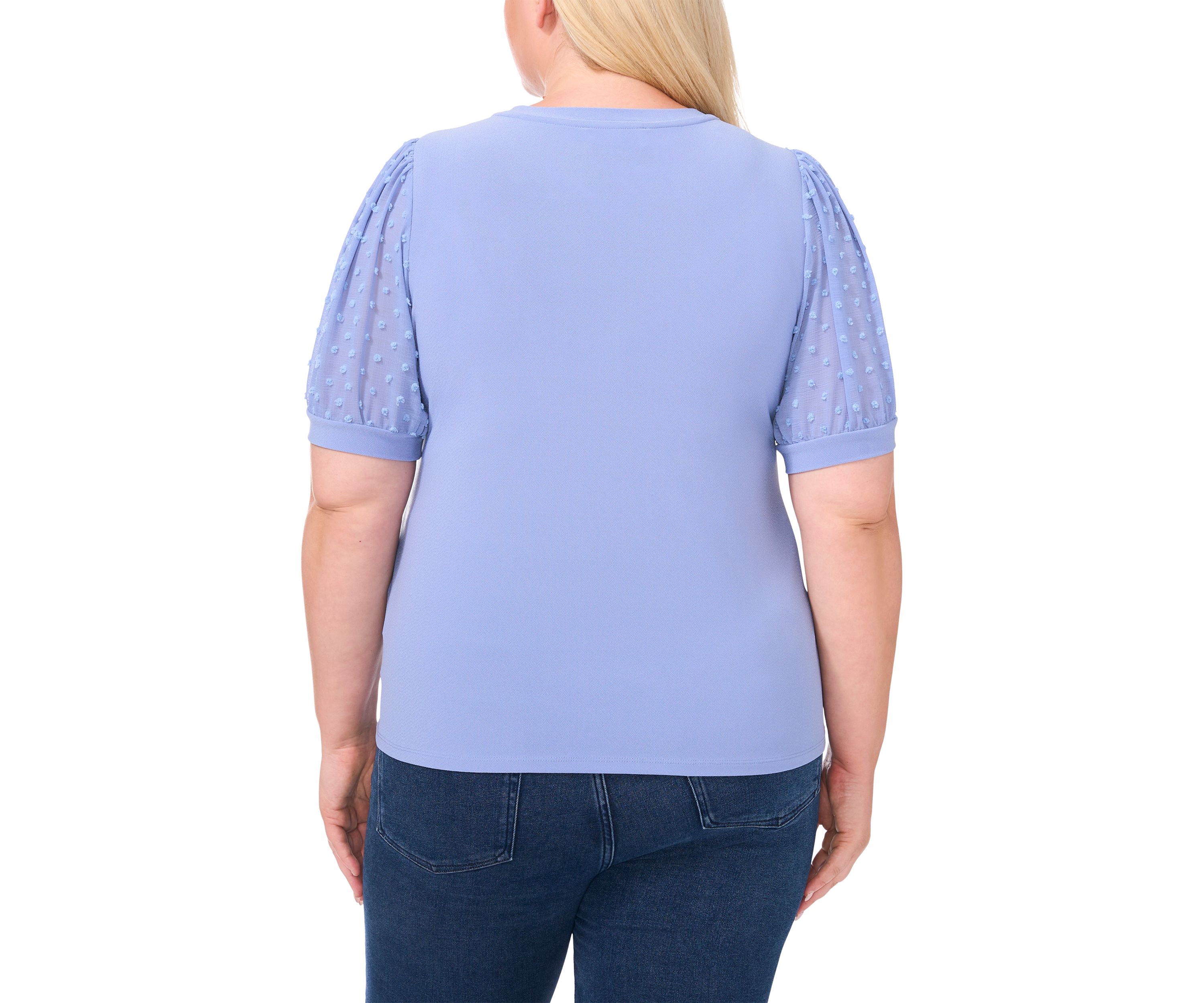 Plus Size Crew Neck Puff Sleeve Mixed Media Knit Top