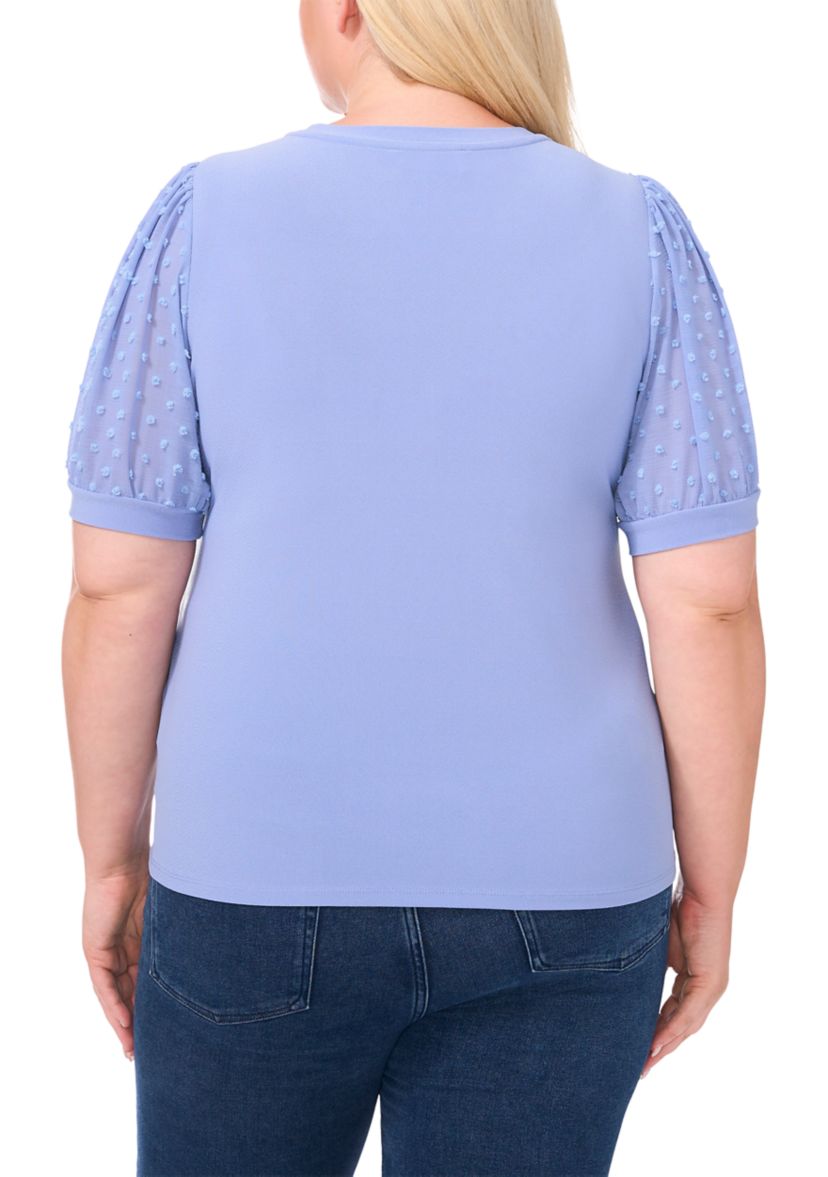 Plus Size Crew Neck Puff Sleeve Mixed Media Knit Top