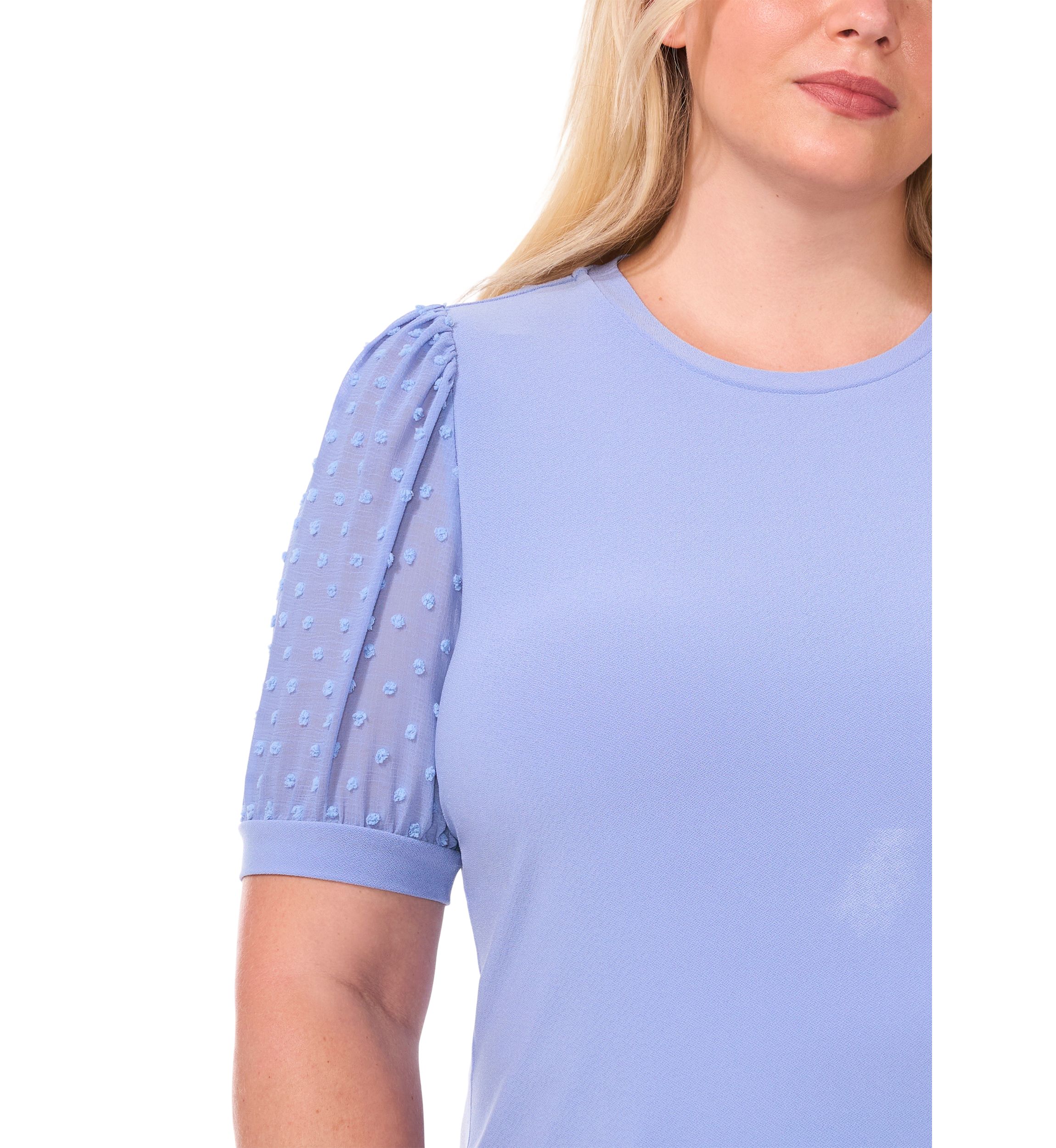 Plus Size Crew Neck Puff Sleeve Mixed Media Knit Top