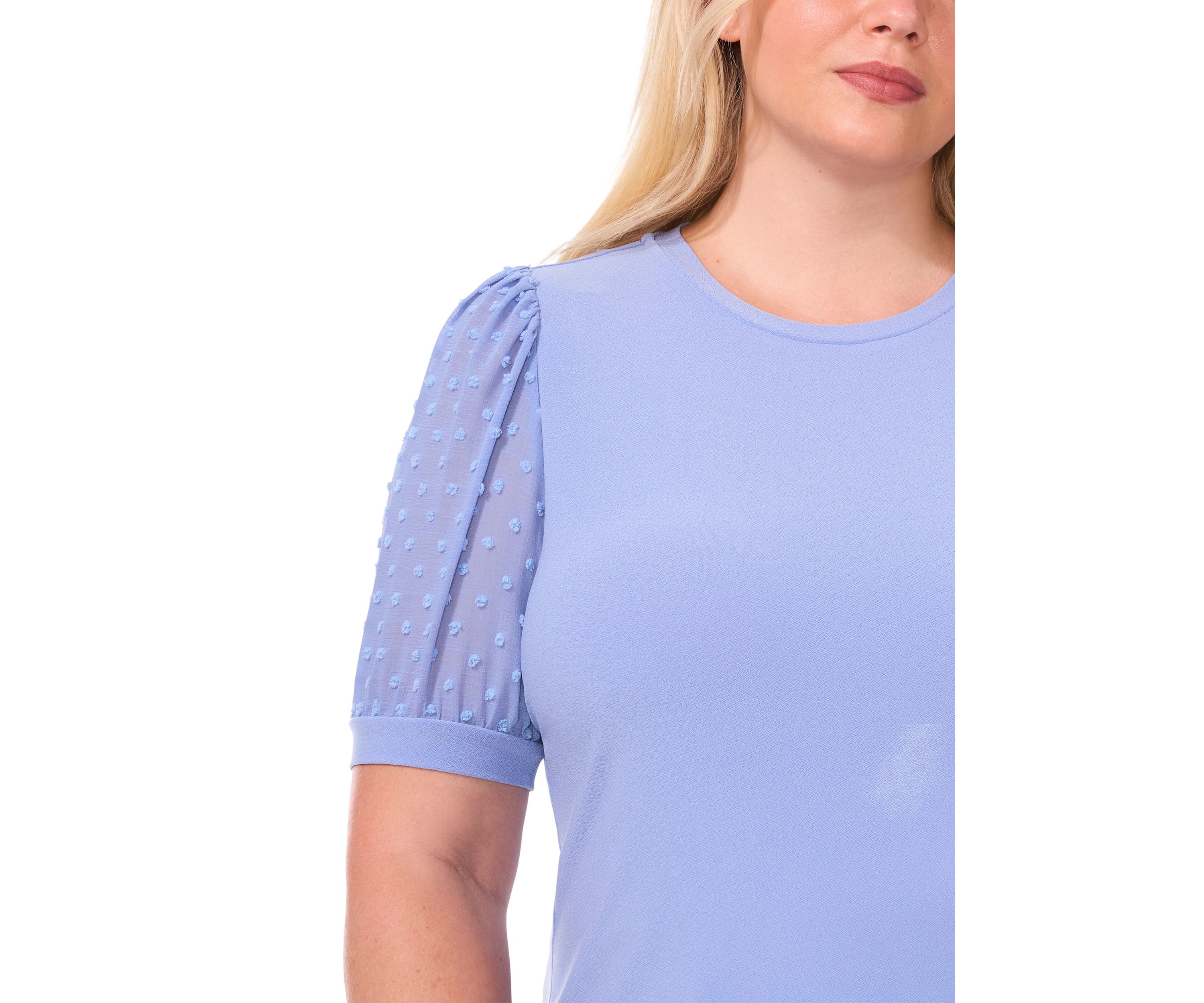 Plus Size Crew Neck Puff Sleeve Mixed Media Knit Top