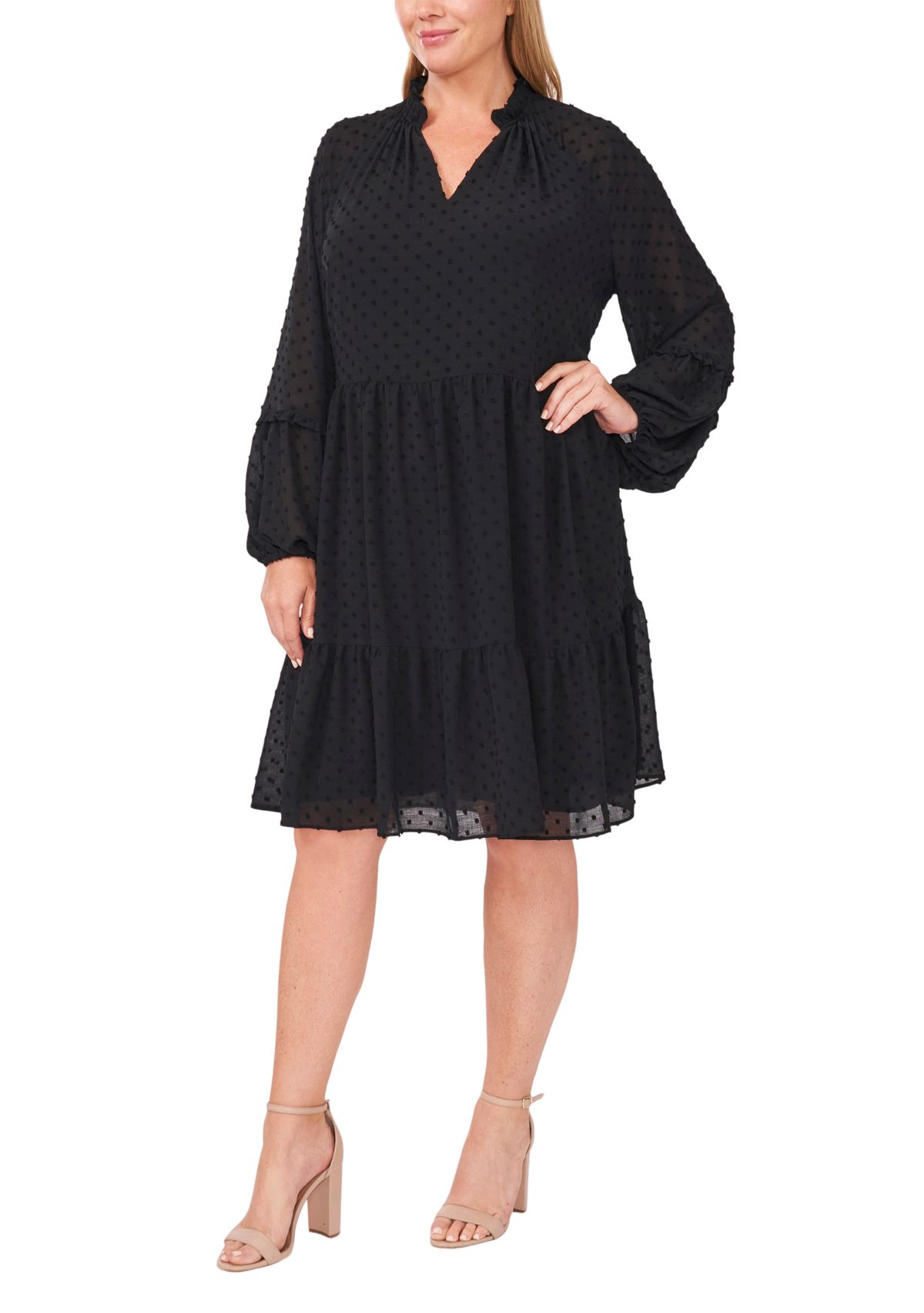 Plus Size Split Neck Long Sleeve Clip Dot Babydoll Dress
