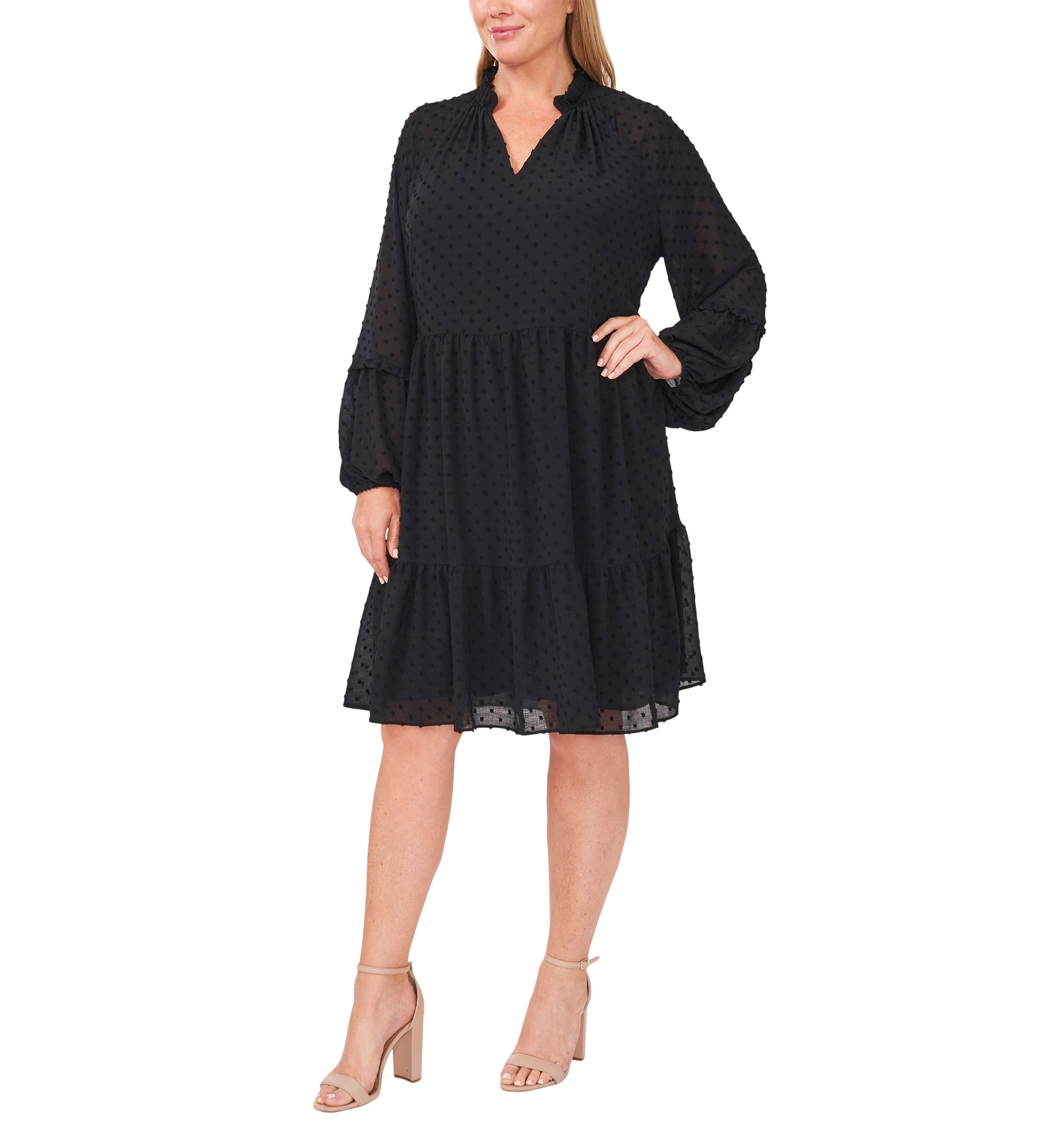 Plus Size Split Neck Long Sleeve Clip Dot Babydoll Dress