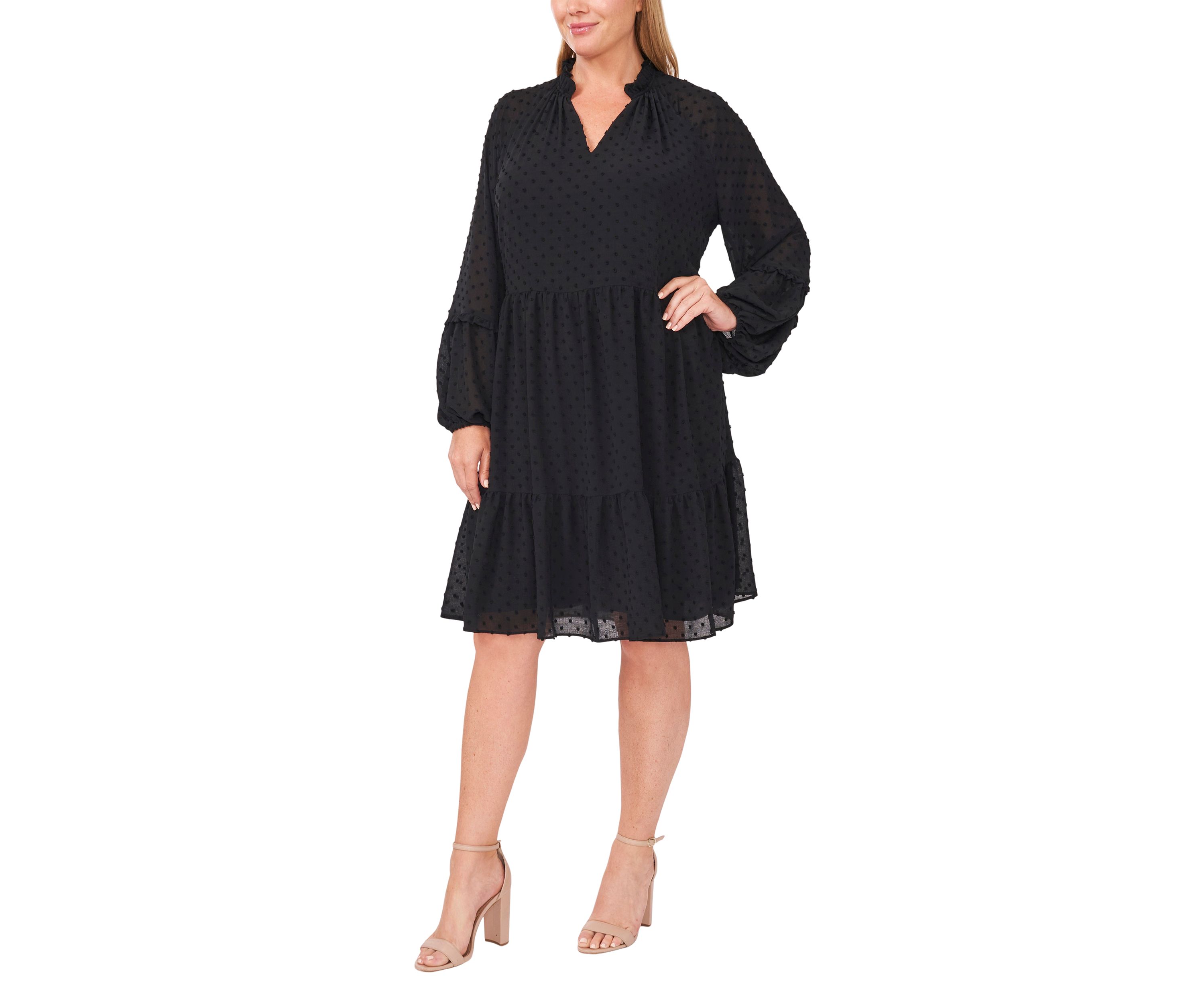 Plus Size Split Neck Long Sleeve Clip Dot Babydoll Dress