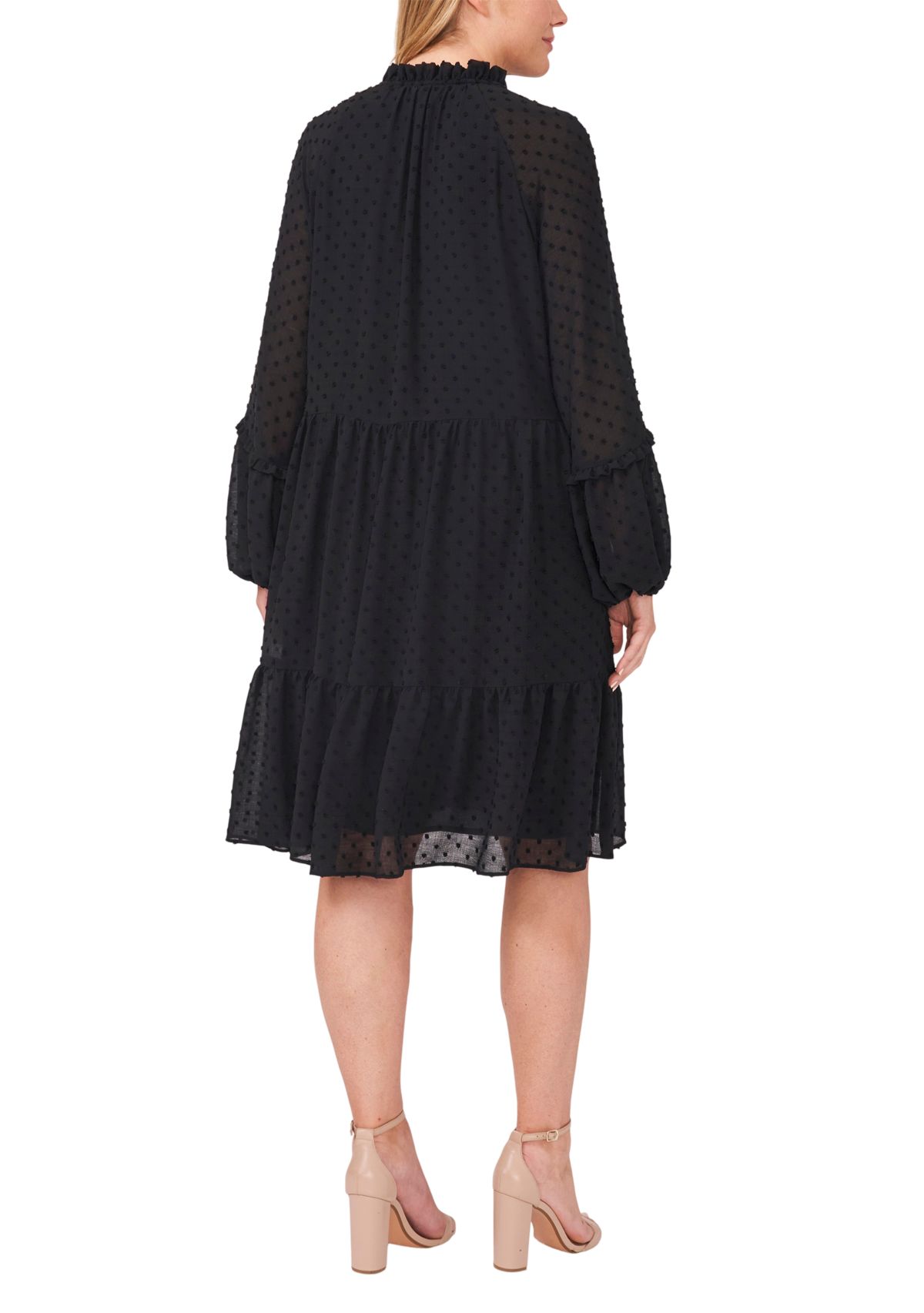 Plus Size Split Neck Long Sleeve Clip Dot Babydoll Dress