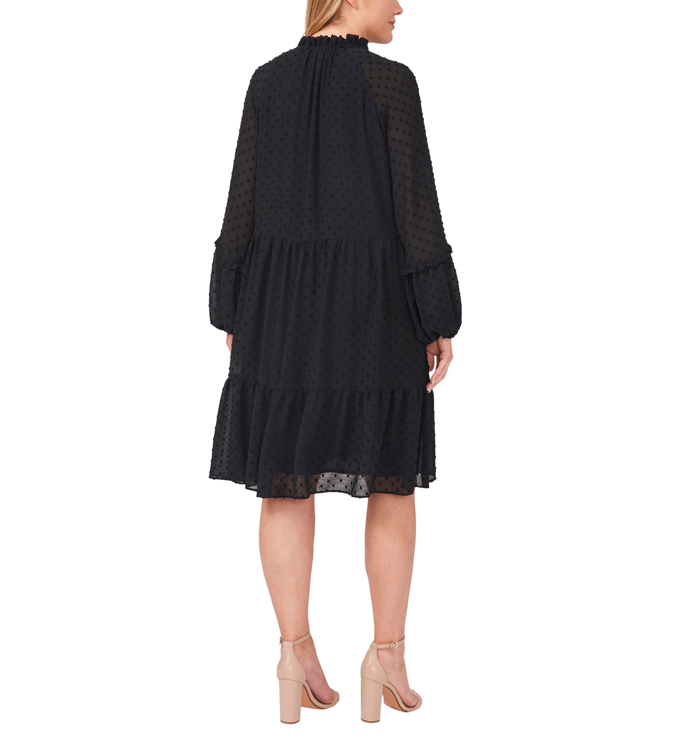 Plus Size Split Neck Long Sleeve Clip Dot Babydoll Dress