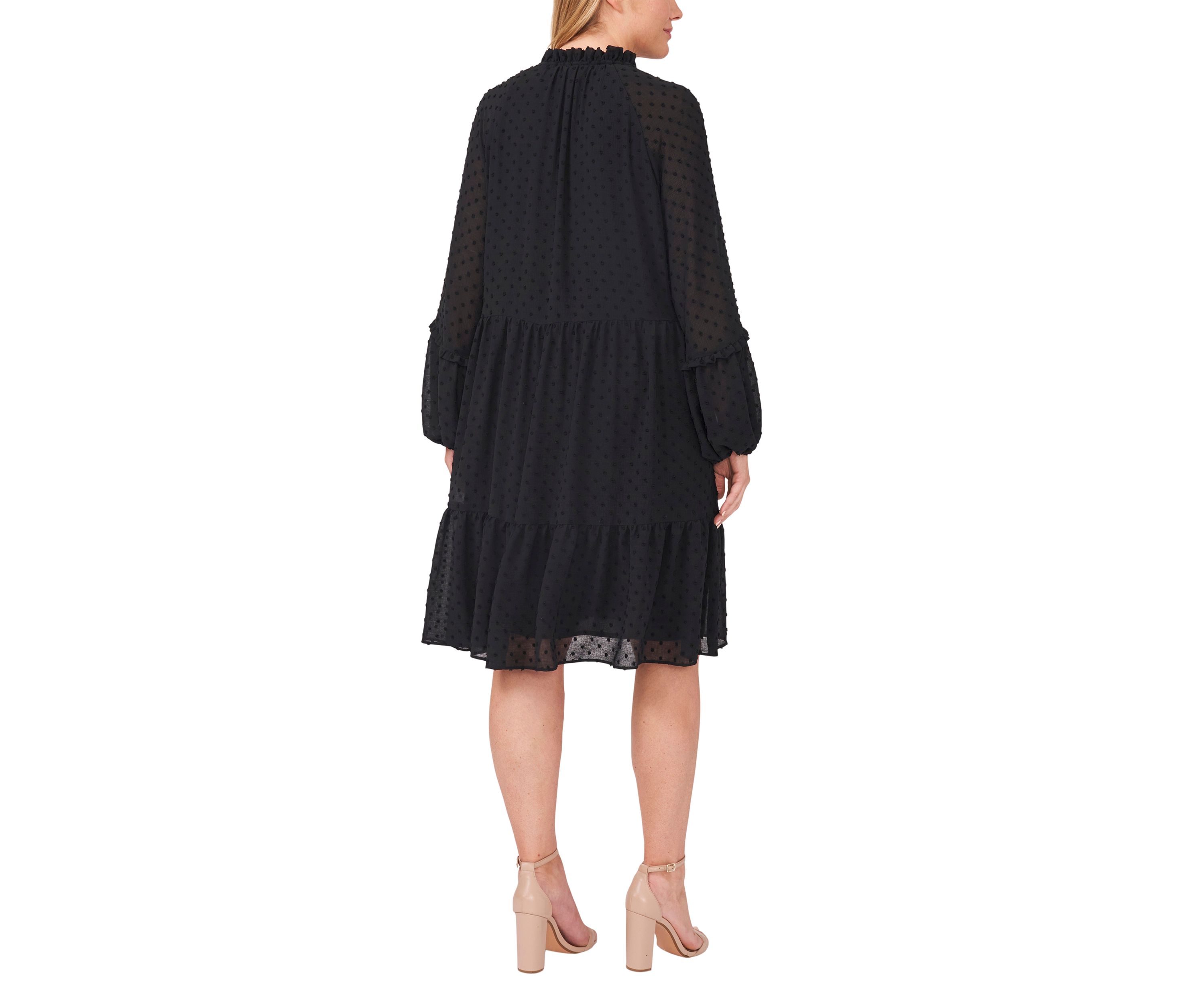 Plus Size Split Neck Long Sleeve Clip Dot Babydoll Dress