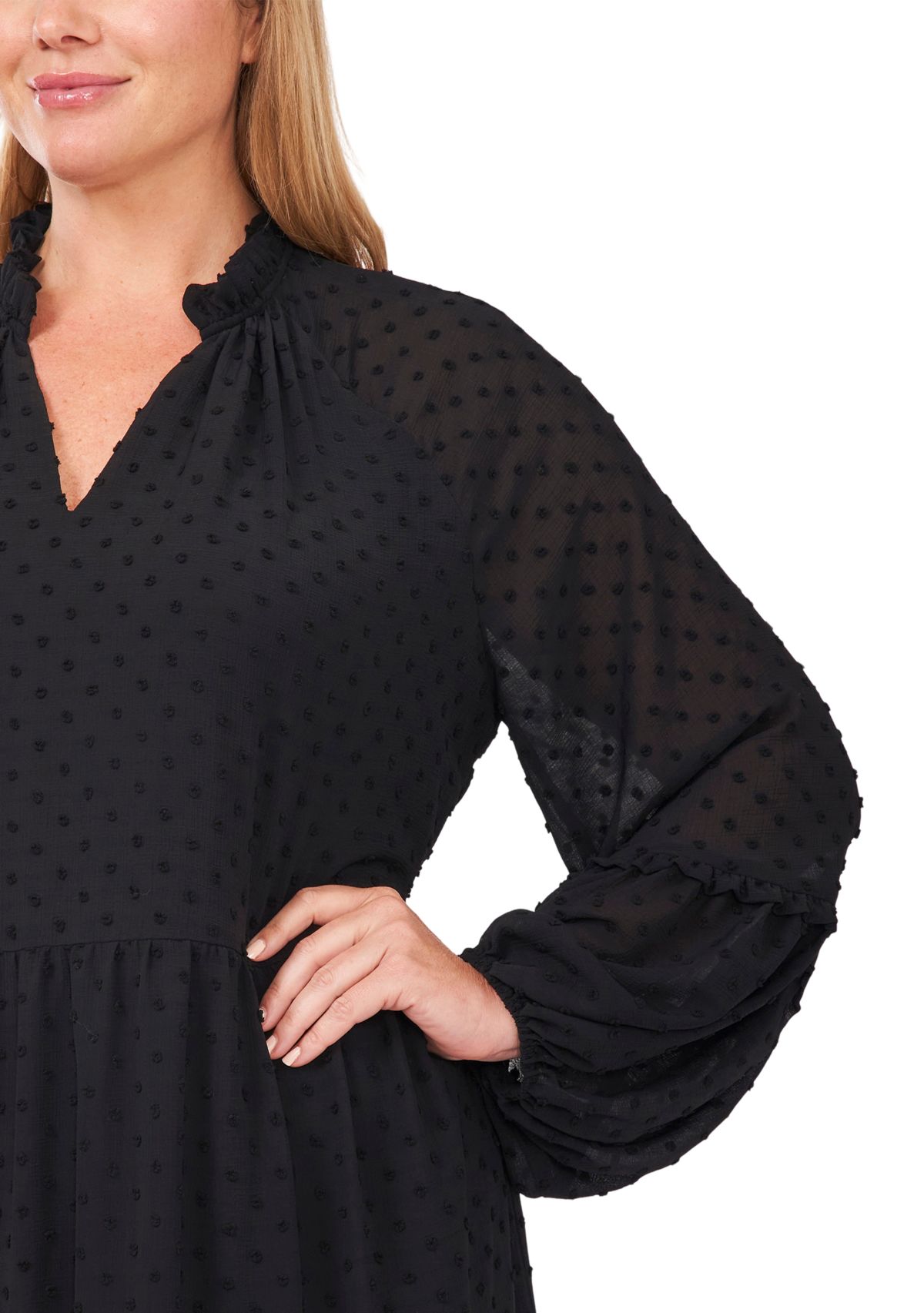 Plus Size Split Neck Long Sleeve Clip Dot Babydoll Dress