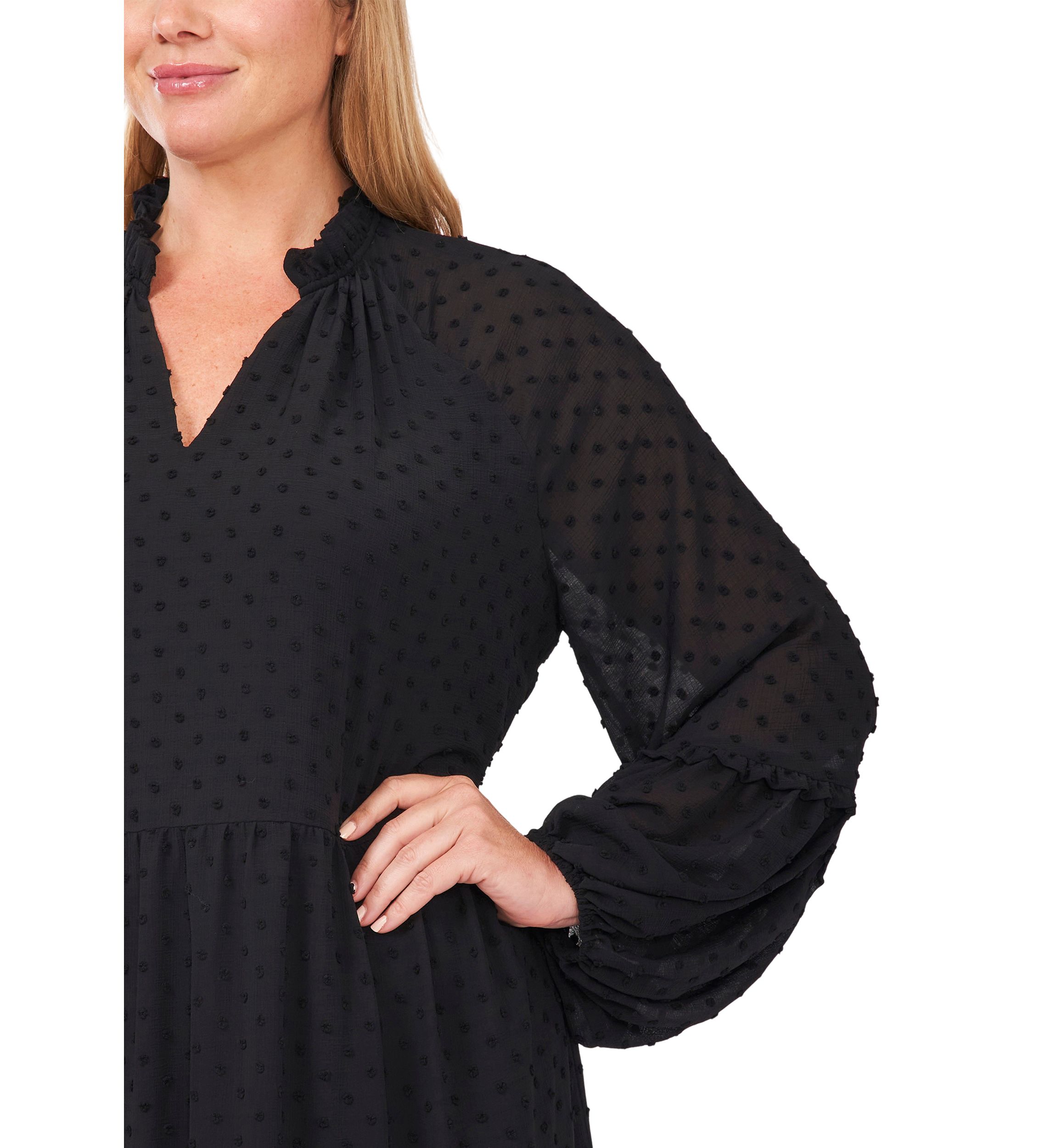 Plus Size Split Neck Long Sleeve Clip Dot Babydoll Dress