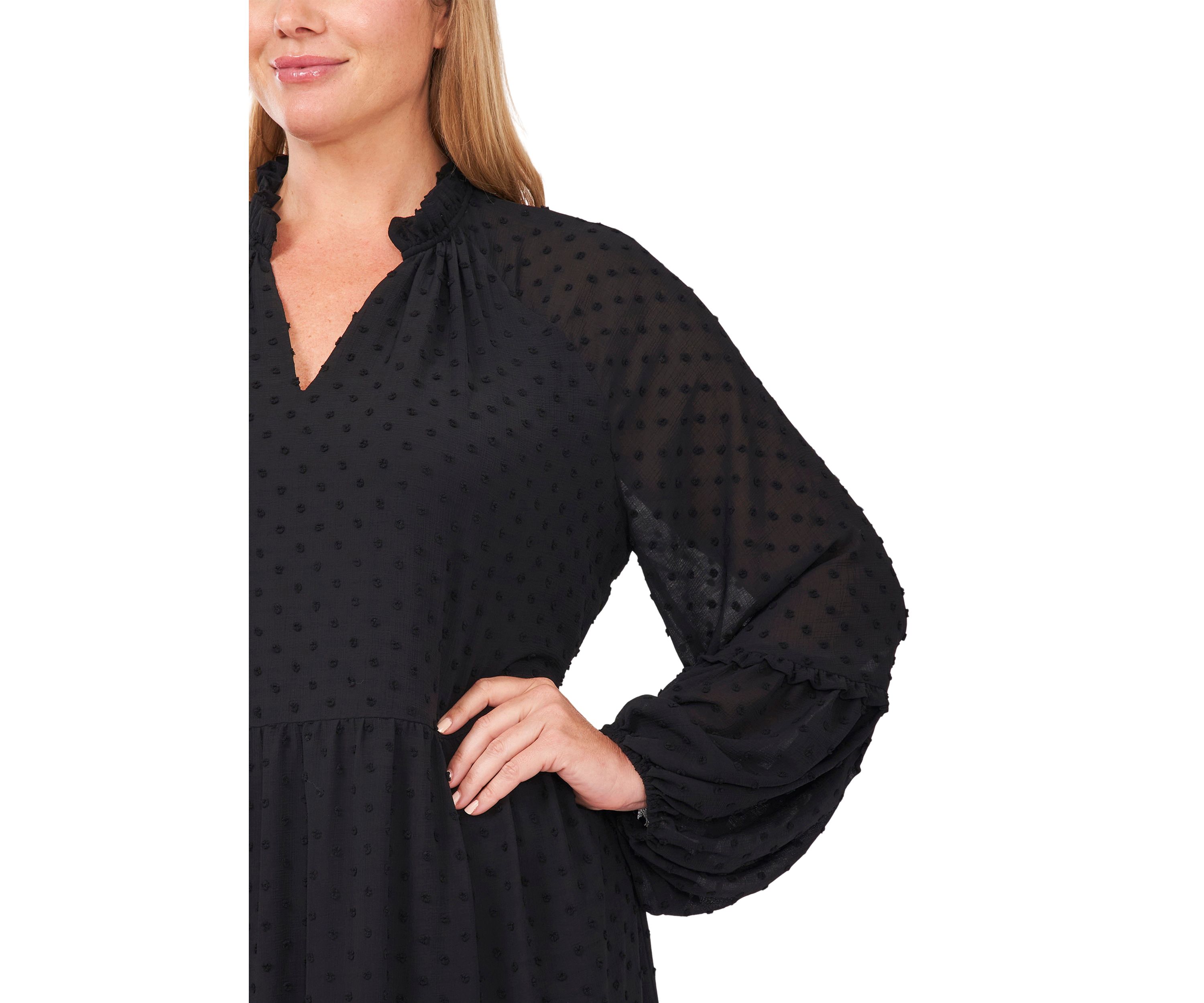 Plus Size Split Neck Long Sleeve Clip Dot Babydoll Dress