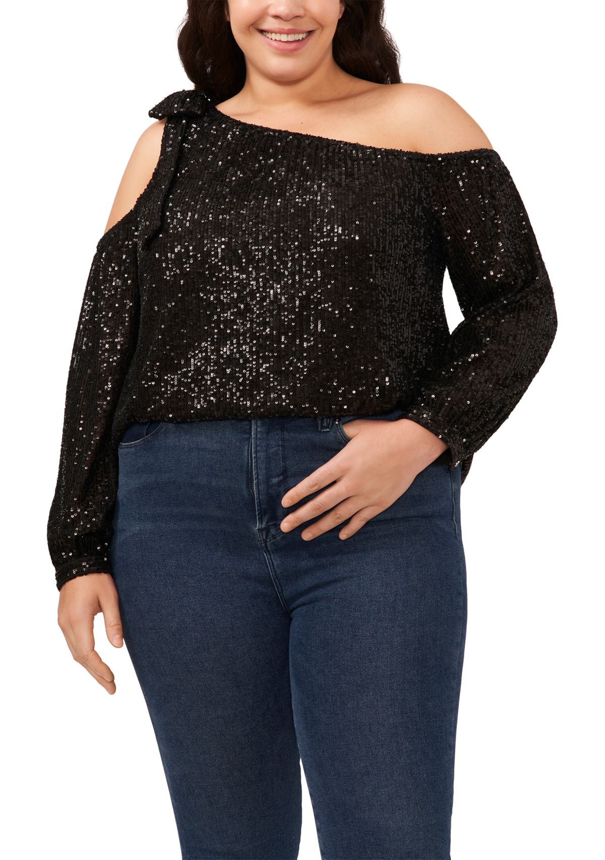Plus Size Cold Shoulder Bow Sequin Blouse 