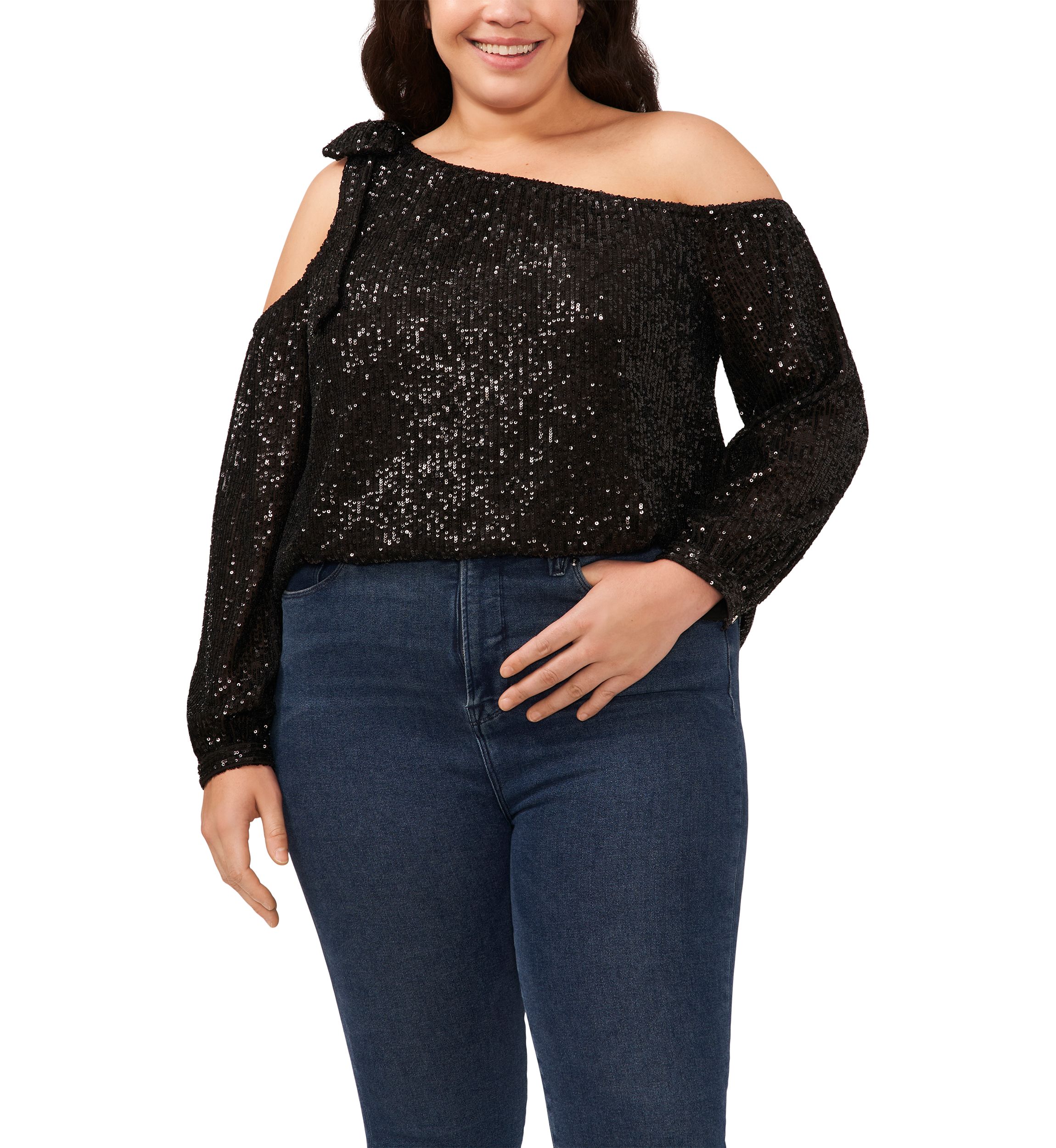 Plus Size Cold Shoulder Bow Sequin Blouse 
