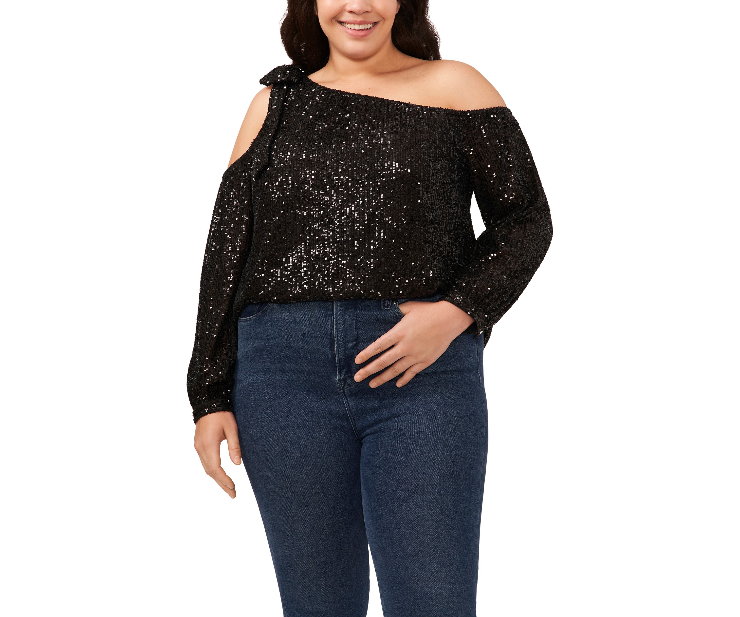 Plus Size Cold Shoulder Bow Sequin Blouse 