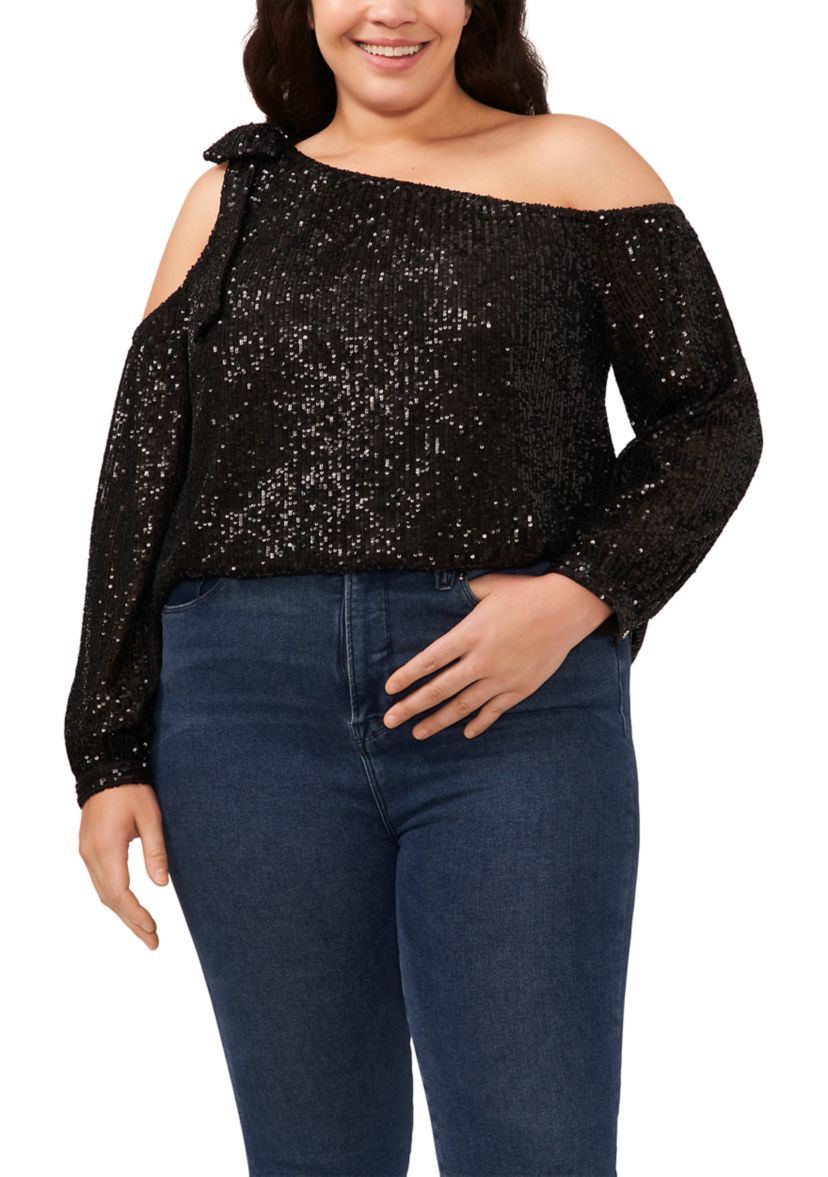 Plus Size Cold Shoulder Bow Sequin Blouse 