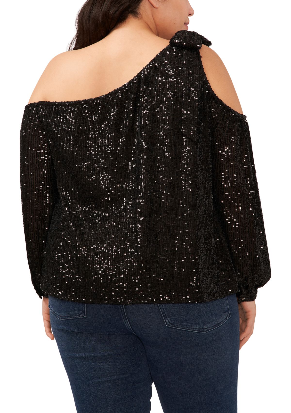 Plus Size Cold Shoulder Bow Sequin Blouse 