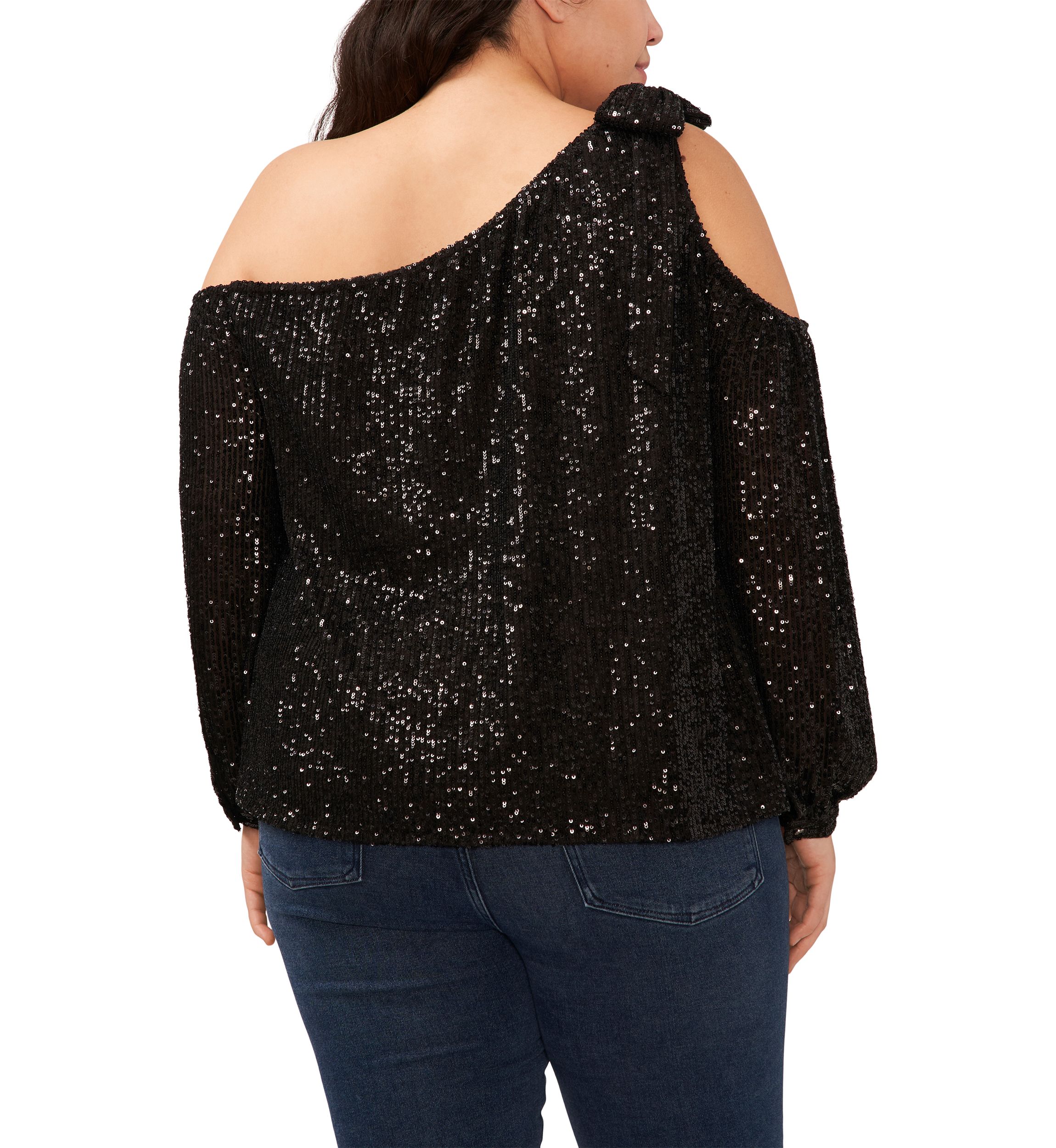 Plus Size Cold Shoulder Bow Sequin Blouse 