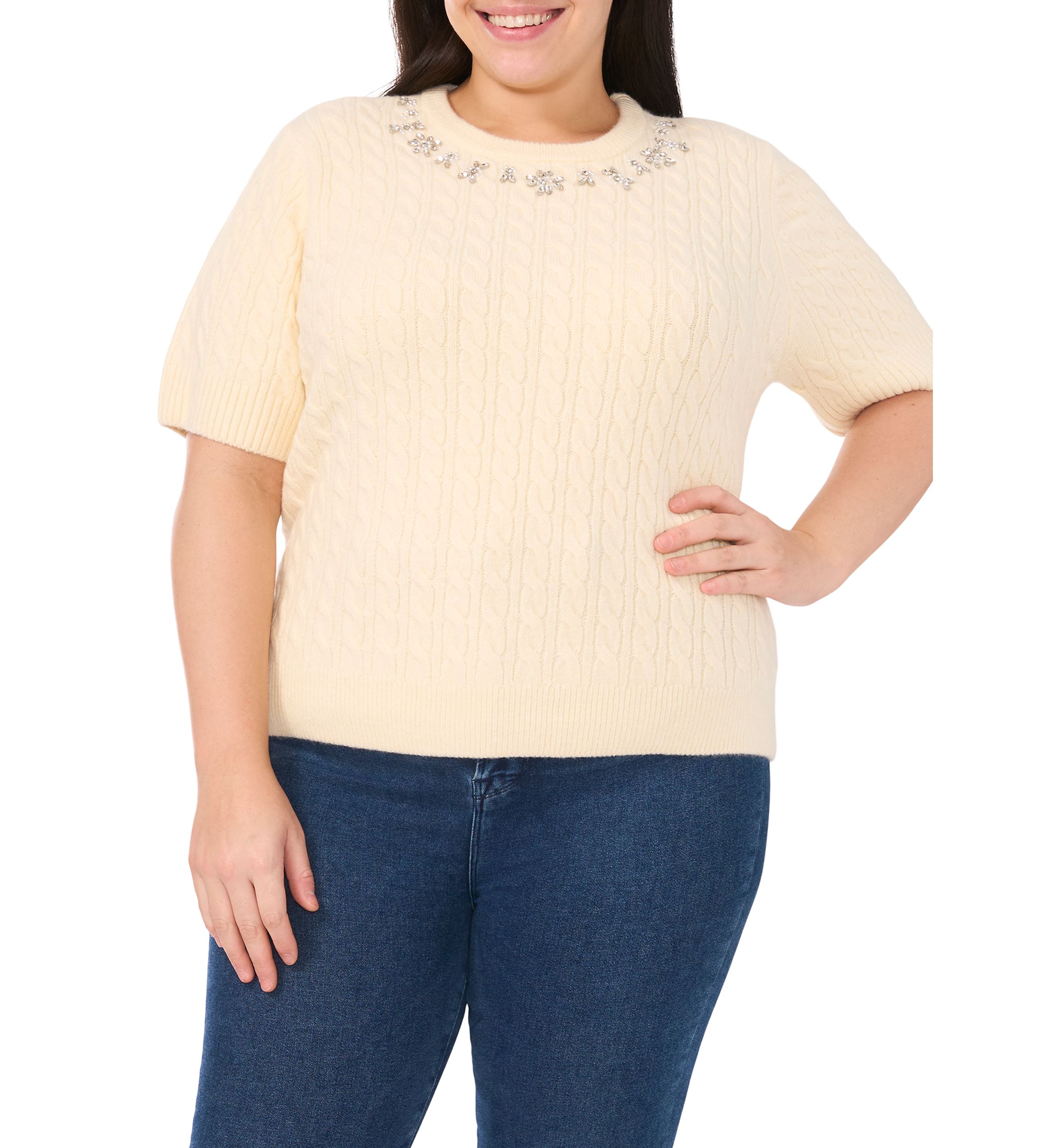 Plus Size Short Sleeve Crew Neck Embellished Sweater