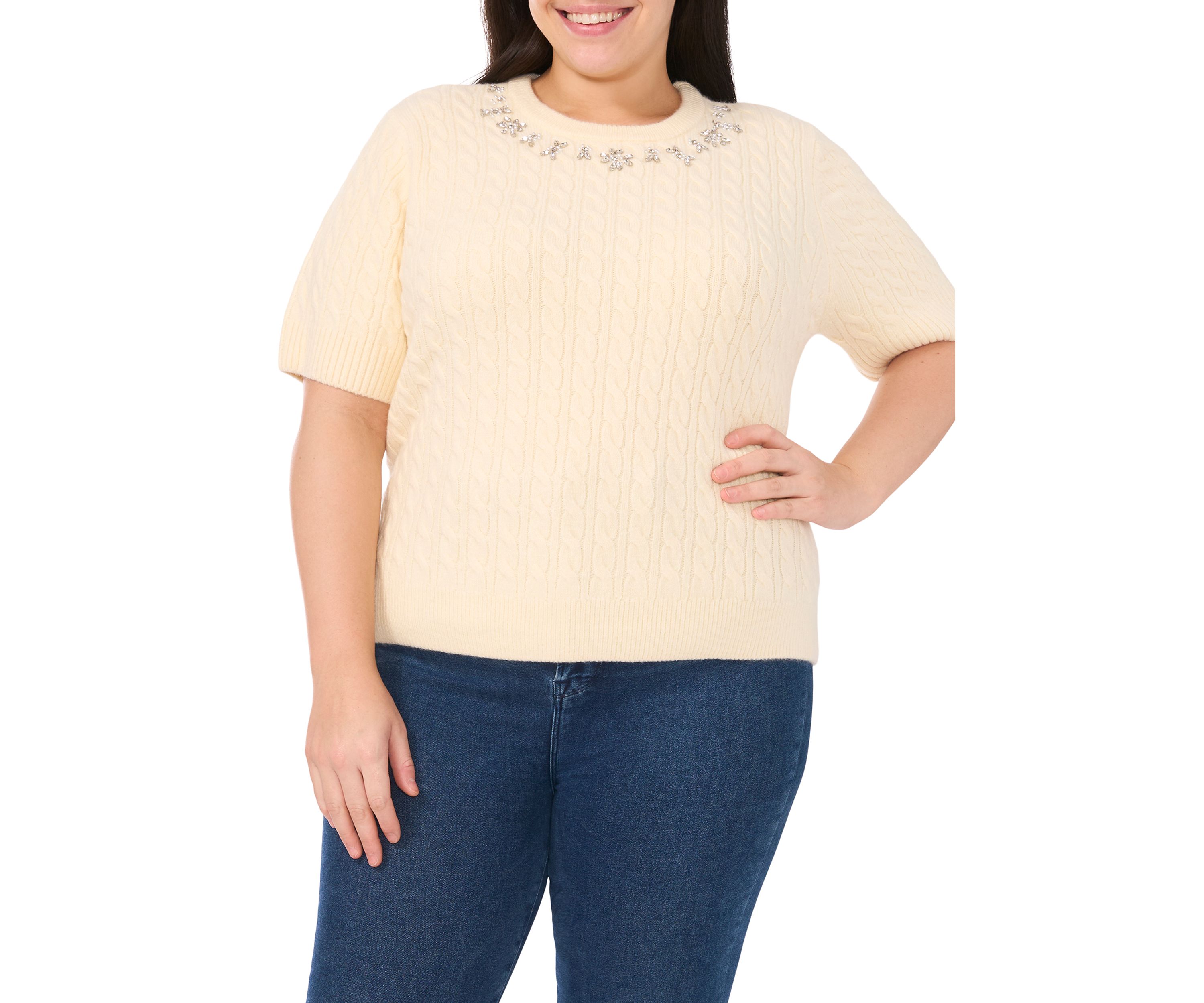 Plus Size Short Sleeve Crew Neck Embellished Sweater