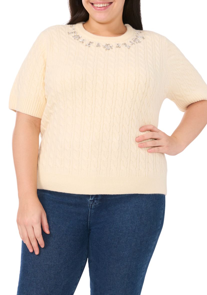 Plus Size Short Sleeve Crew Neck Embellished Sweater