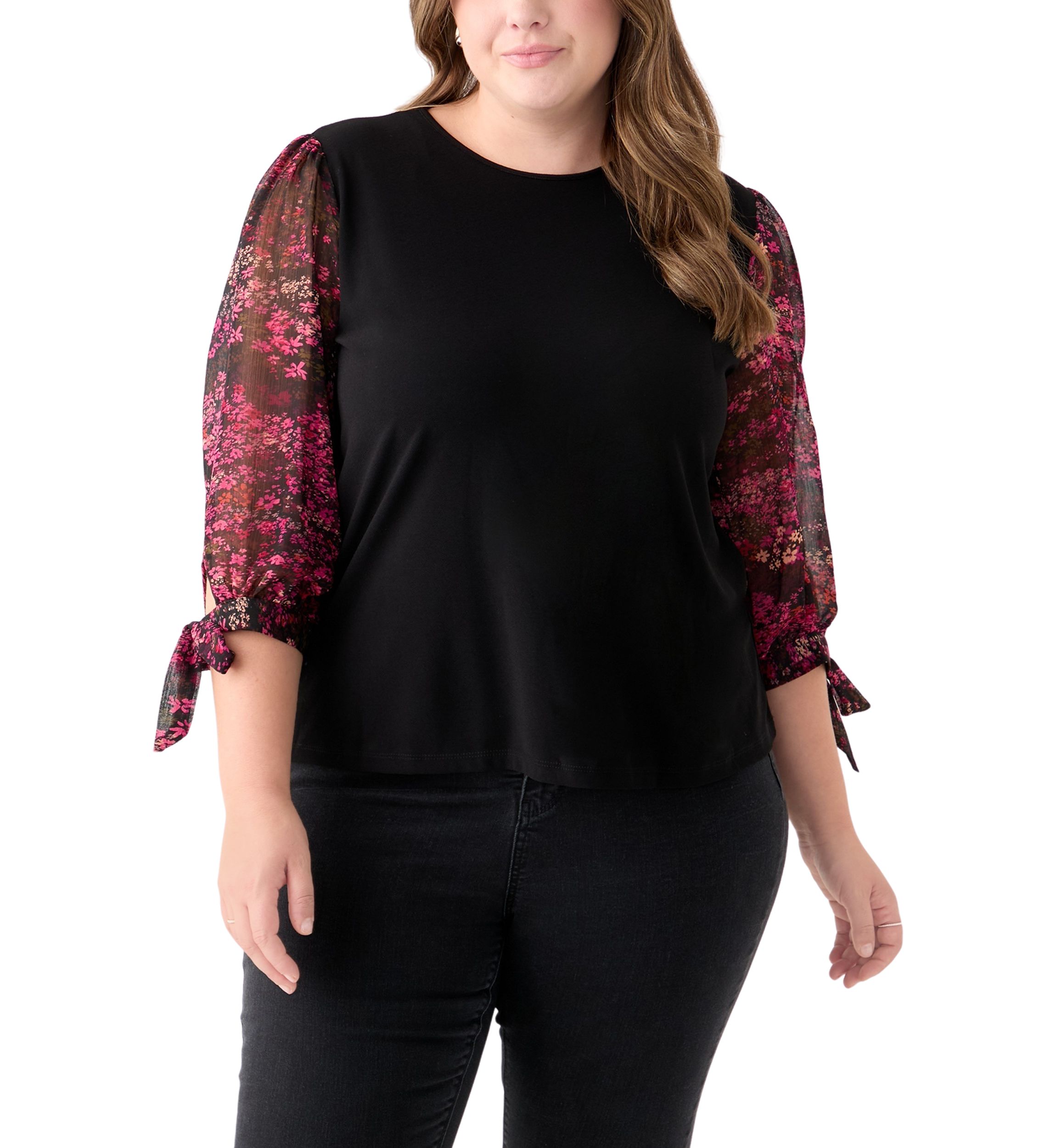 Plus Size 3/4 Crew Puff Sleeve Mixed Media Shirt