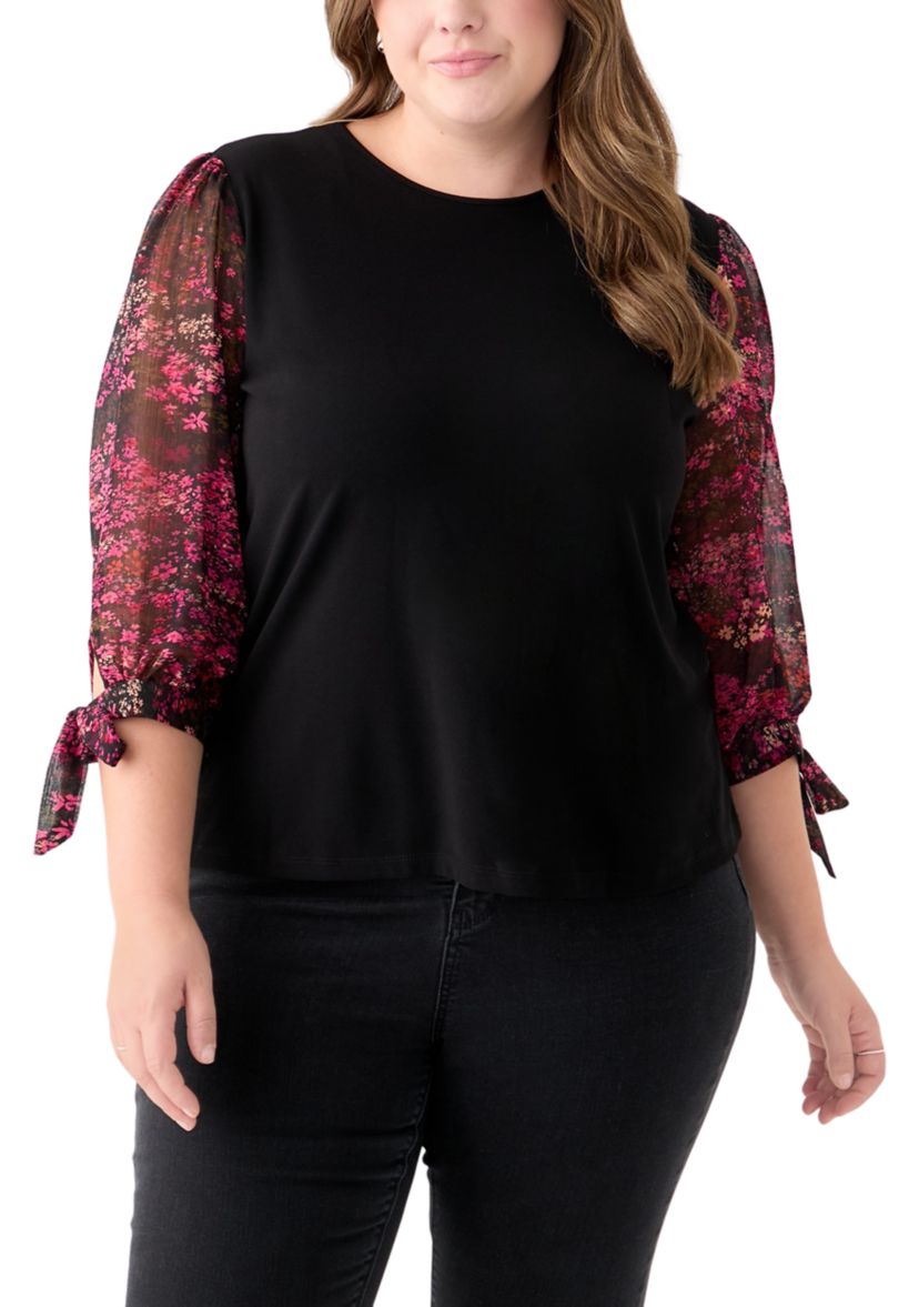 Plus Size 3/4 Crew Puff Sleeve Mixed Media Shirt
