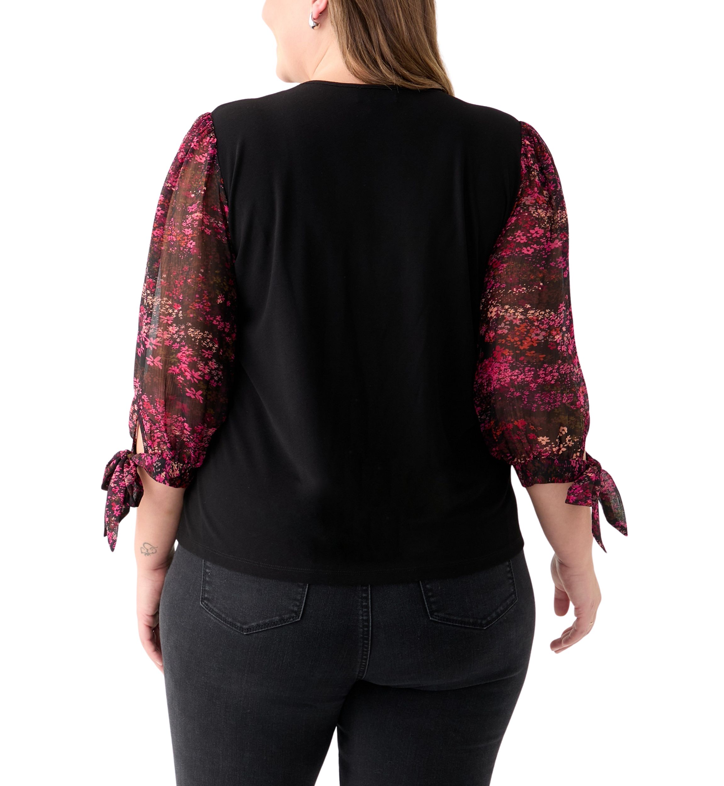 Plus Size 3/4 Crew Puff Sleeve Mixed Media Shirt