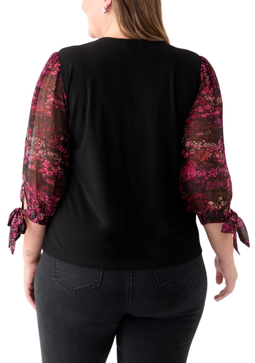 Plus Size 3/4 Crew Puff Sleeve Mixed Media Shirt