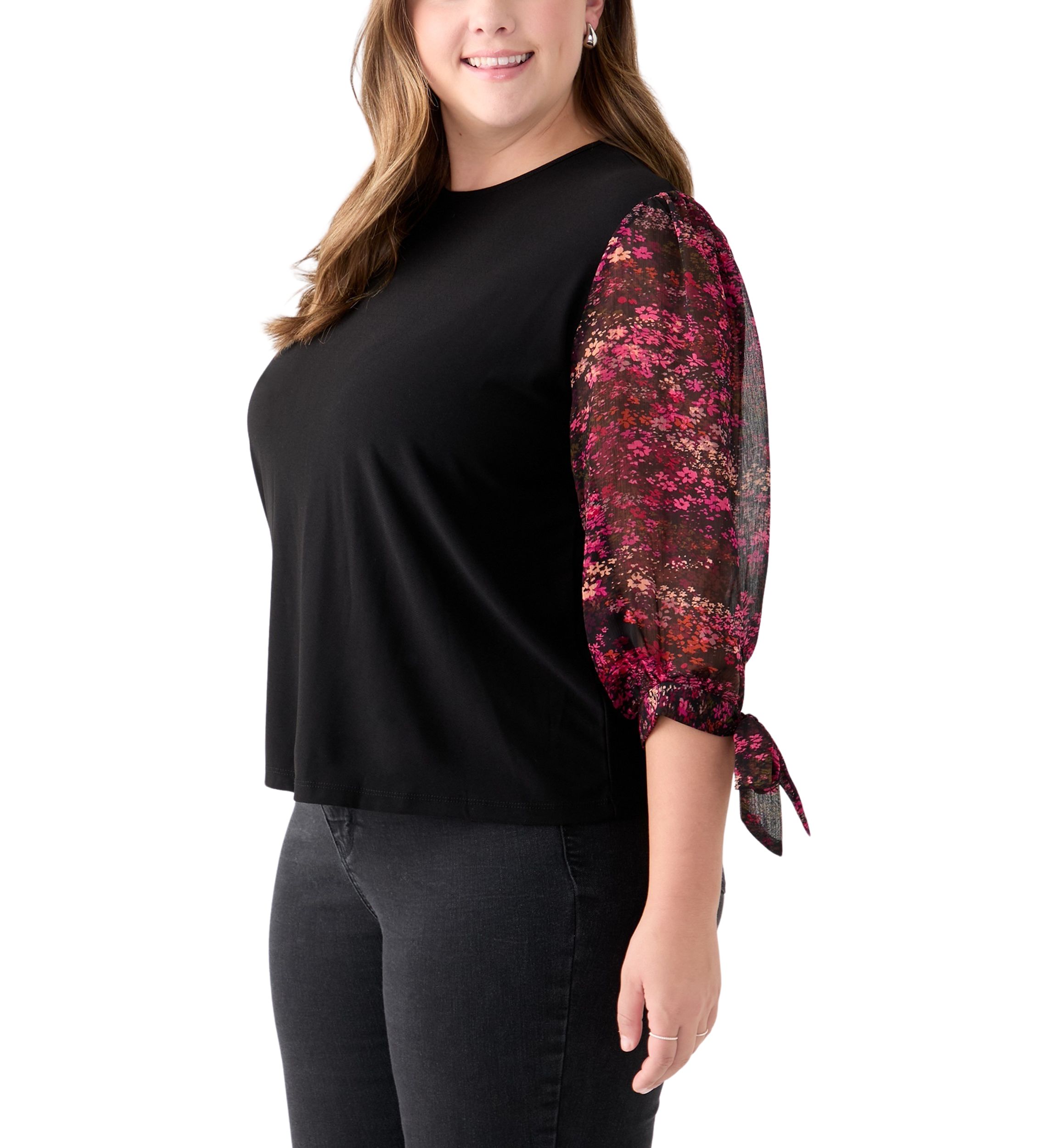 Plus Size 3/4 Crew Puff Sleeve Mixed Media Shirt