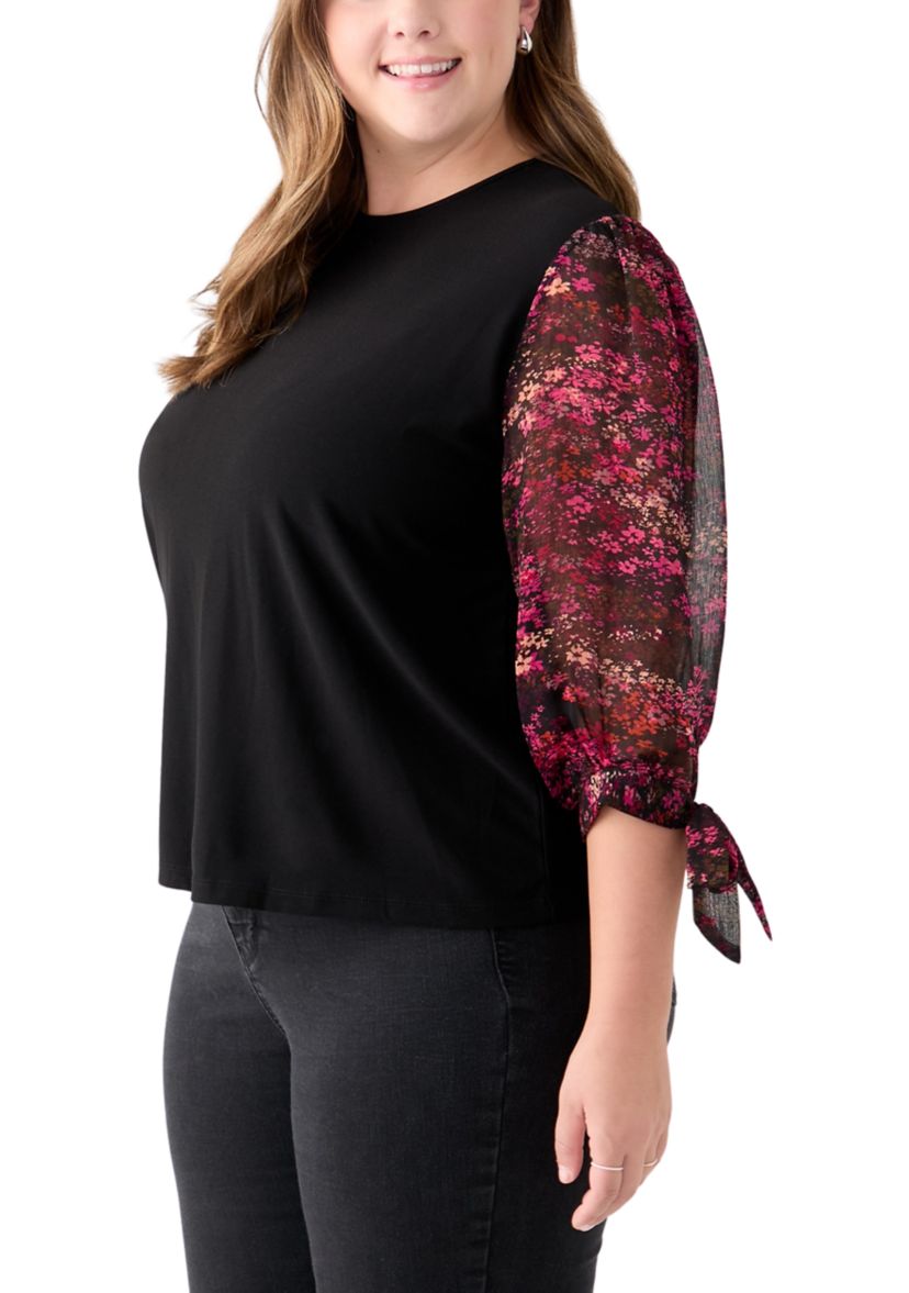 Plus Size 3/4 Crew Puff Sleeve Mixed Media Shirt