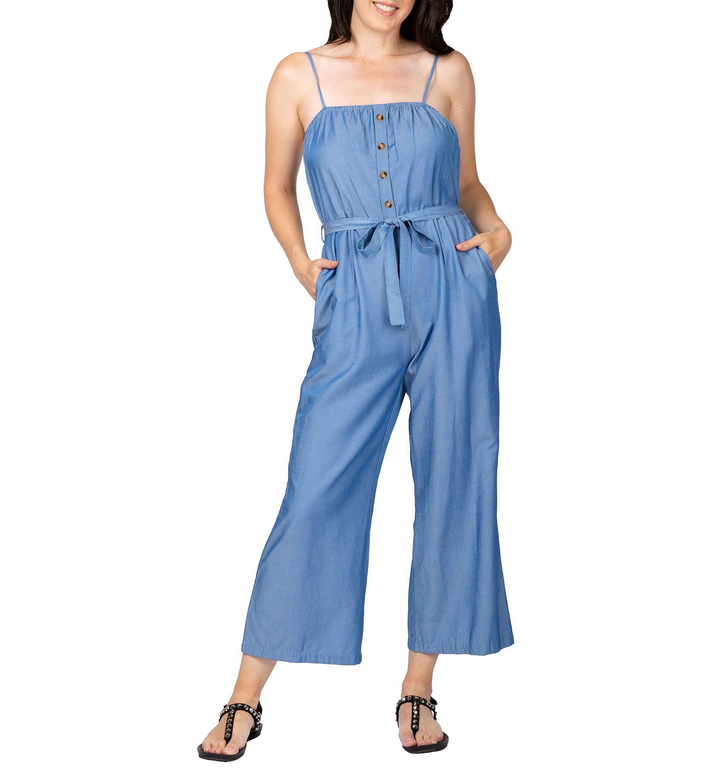 Women Spaghetti Strap Elastic Neckline High Waist Jumpsuit