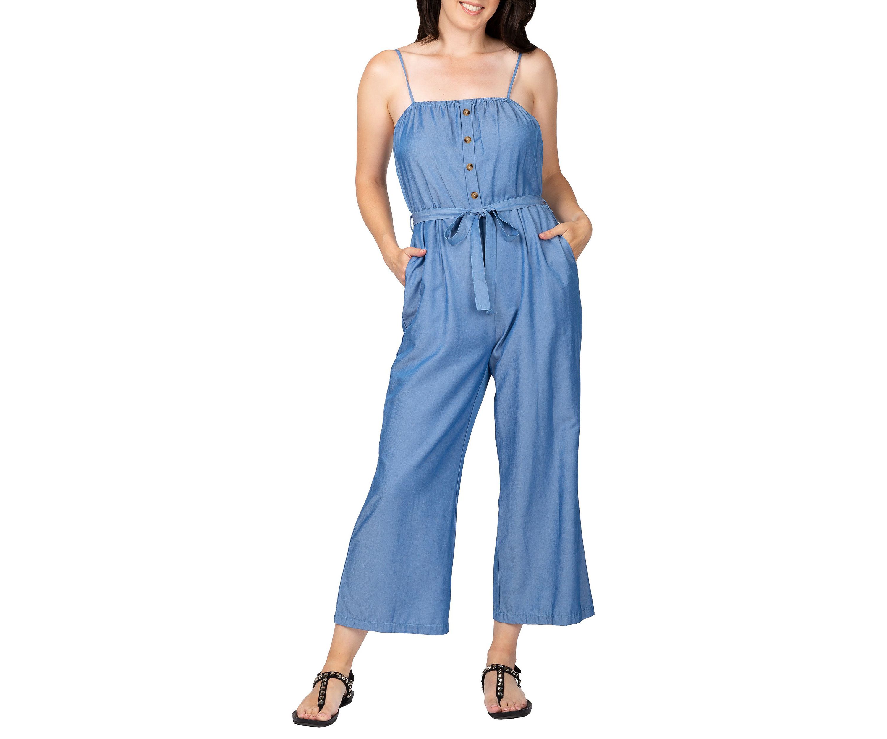 Women Spaghetti Strap Elastic Neckline High Waist Jumpsuit