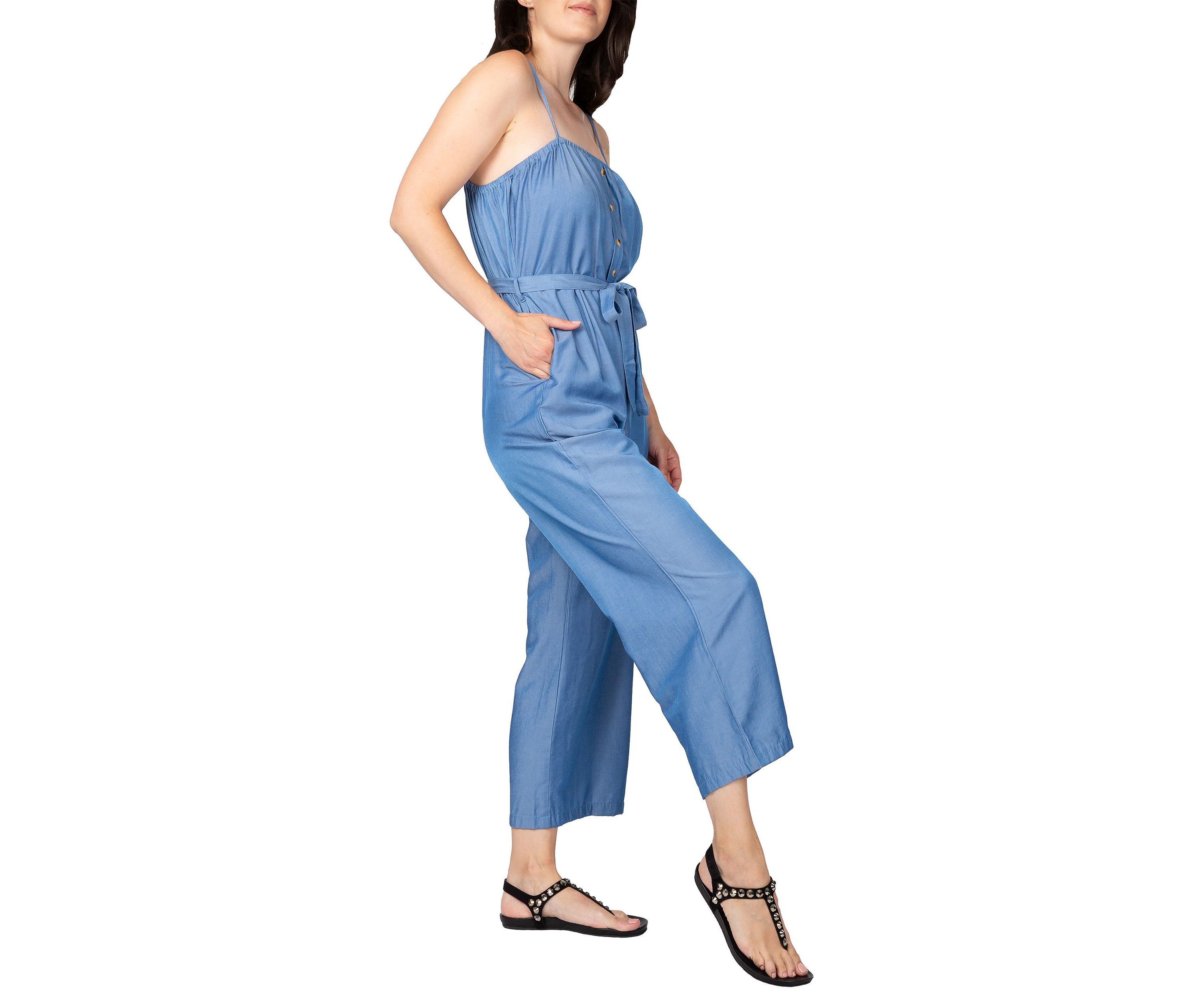 Women Spaghetti Strap Elastic Neckline High Waist Jumpsuit
