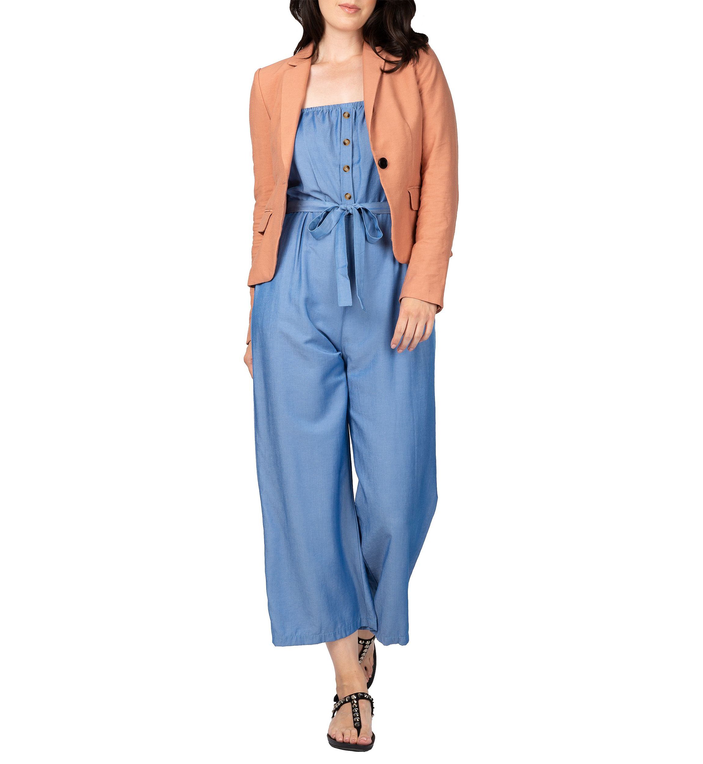 Women Spaghetti Strap Elastic Neckline High Waist Jumpsuit