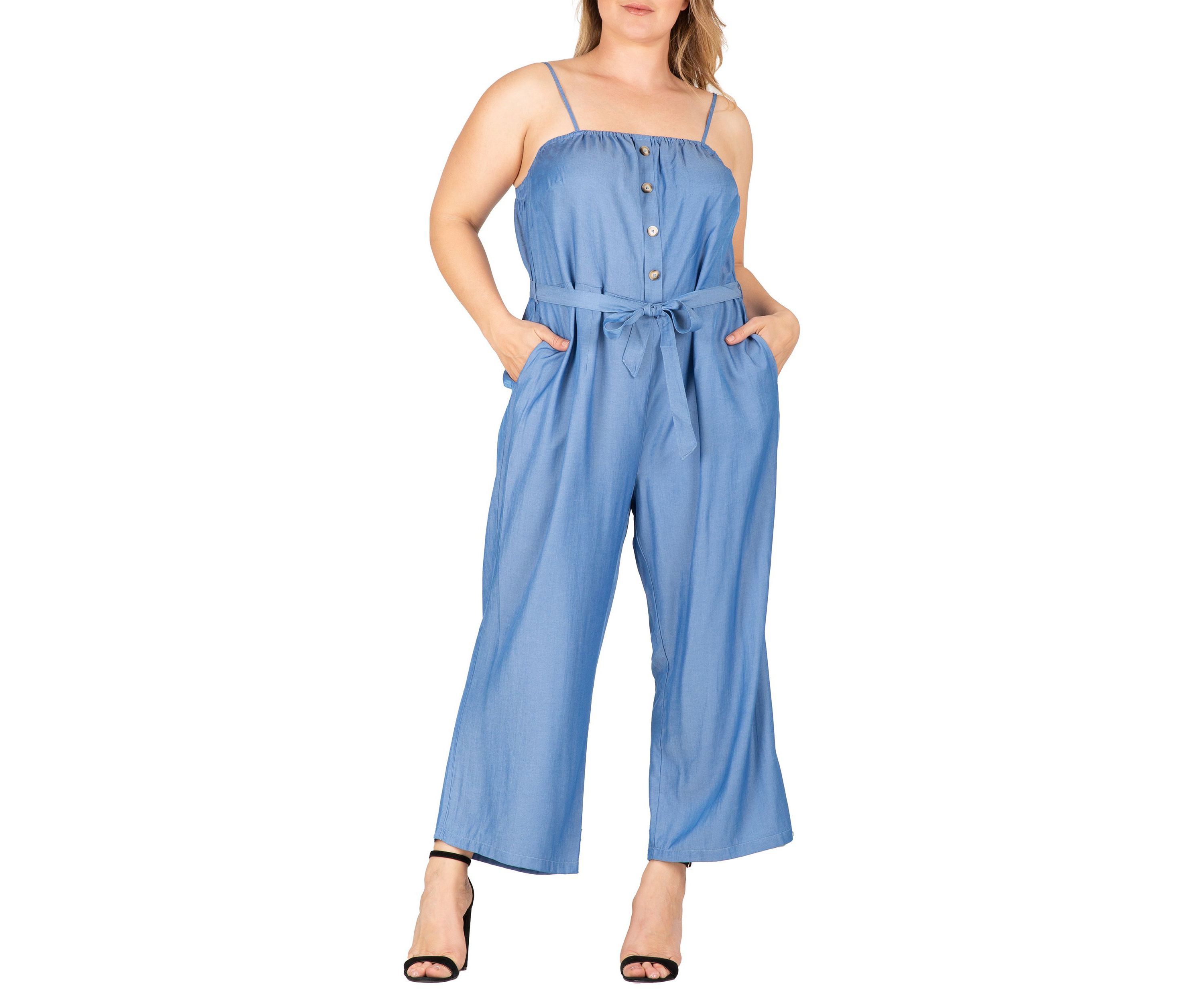 Women Plus Size Spaghetti Strap Elastic Neckline High Waist Jumpsuit