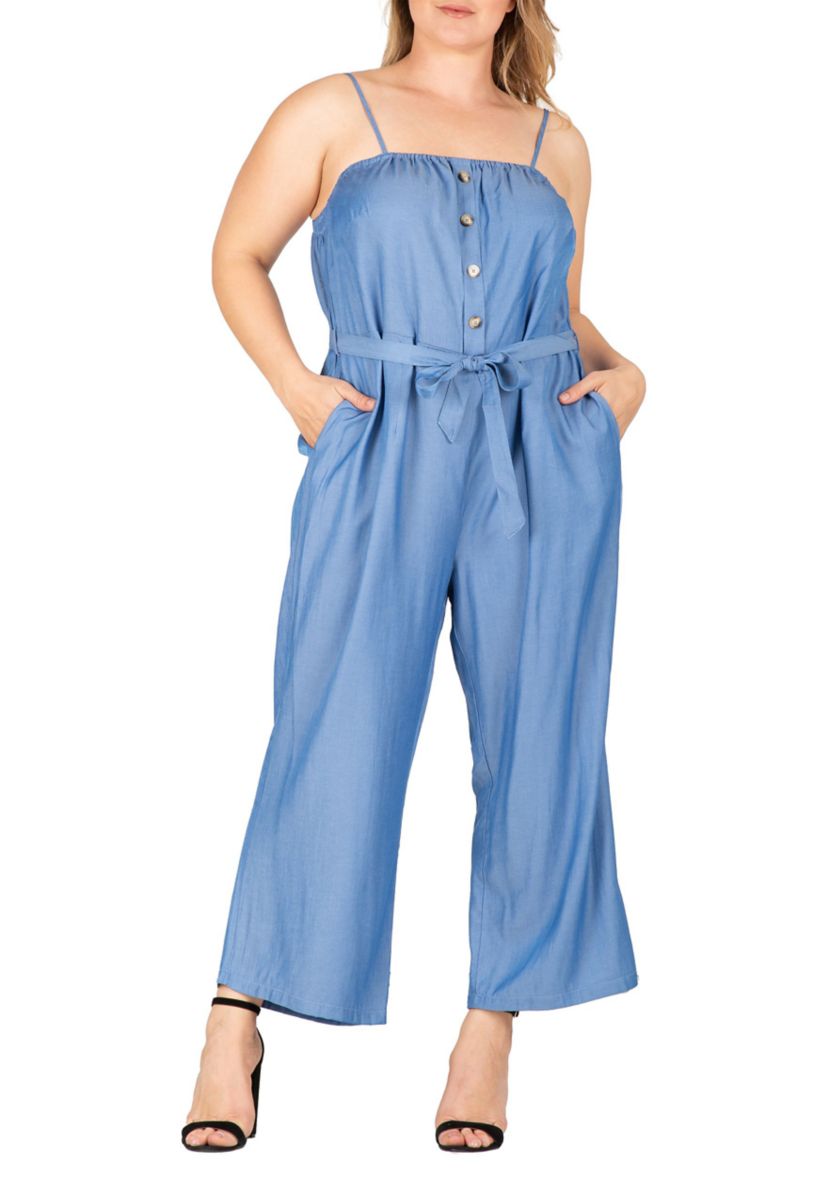 Women Plus Size Spaghetti Strap Elastic Neckline High Waist Jumpsuit