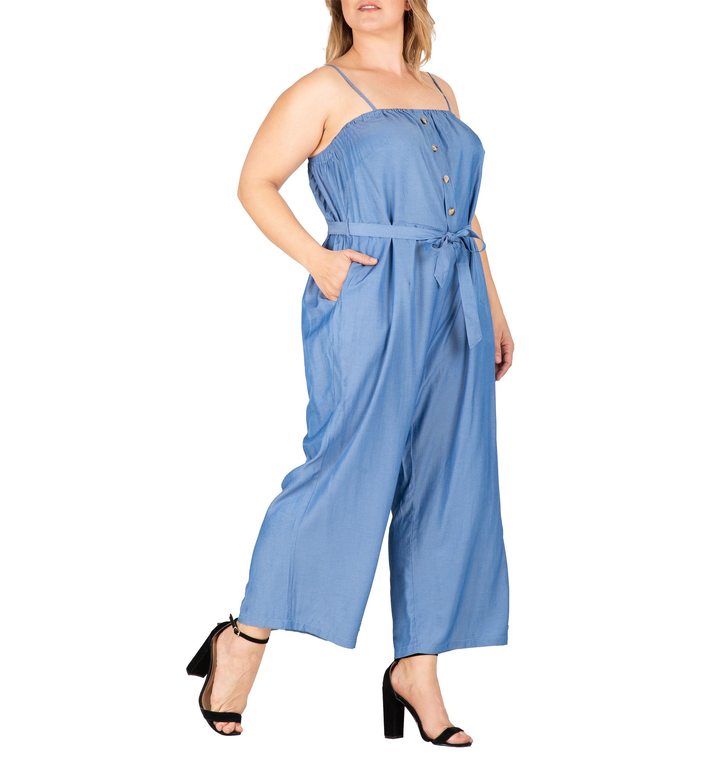 Women Plus Size Spaghetti Strap Elastic Neckline High Waist Jumpsuit