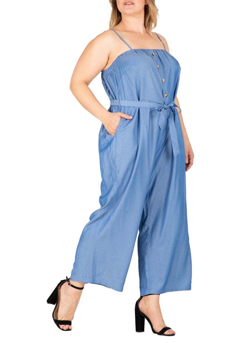 Women Plus Size Spaghetti Strap Elastic Neckline High Waist Jumpsuit