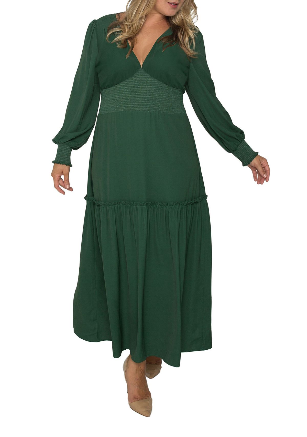 Plus Size Womens Green Smocked Waist Long Sleeve Maxi Dress