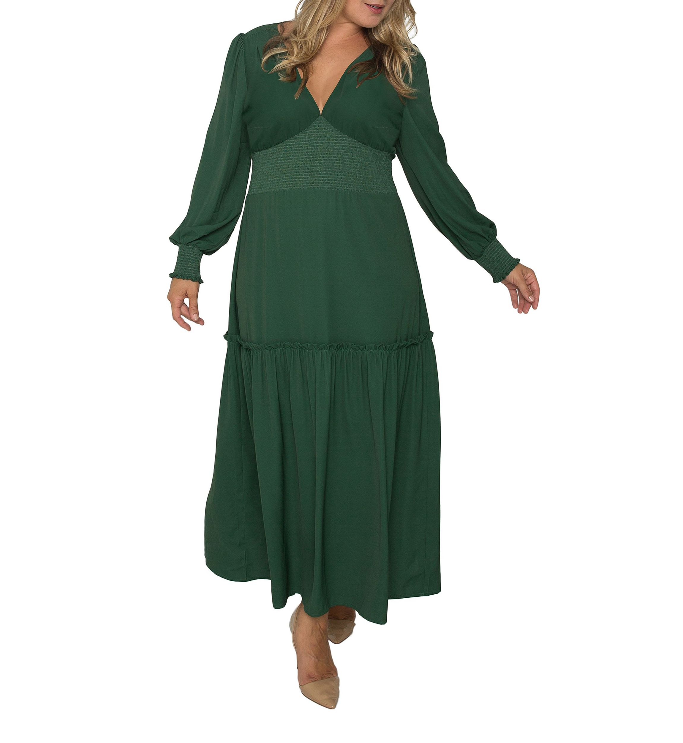 Plus Size Womens Green Smocked Waist Long Sleeve Maxi Dress