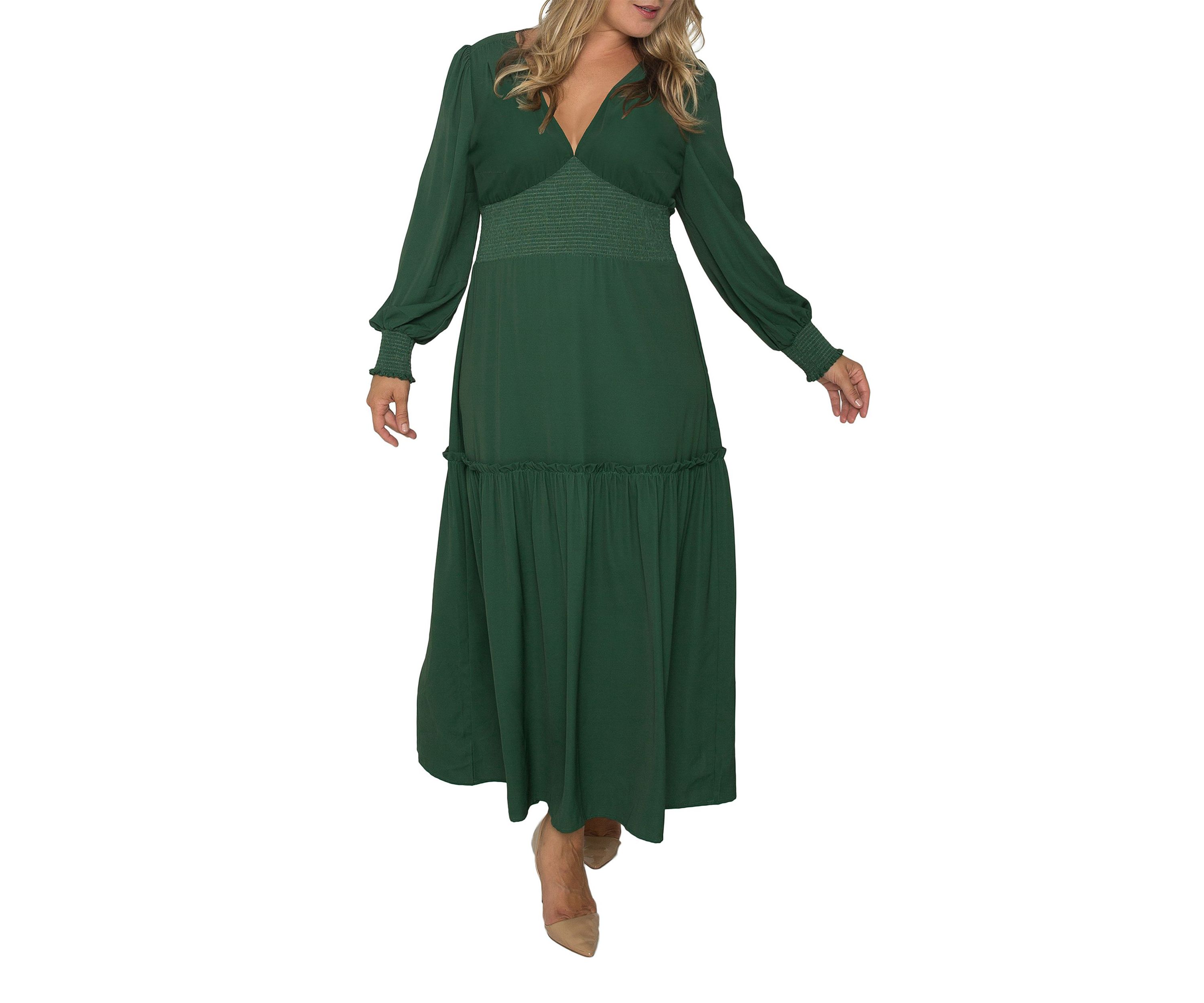 Plus Size Womens Green Smocked Waist Long Sleeve Maxi Dress