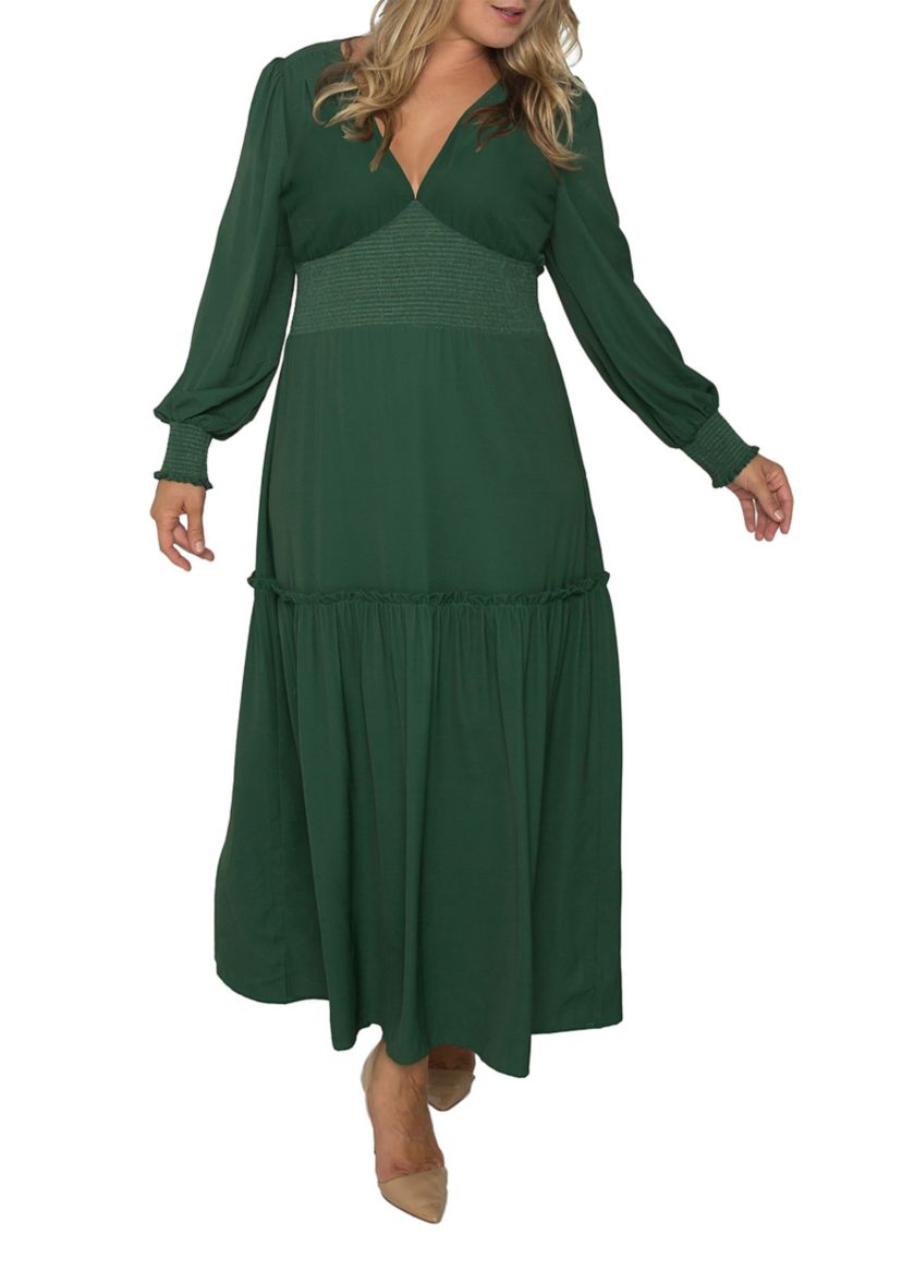 Plus Size Womens Green Smocked Waist Long Sleeve Maxi Dress