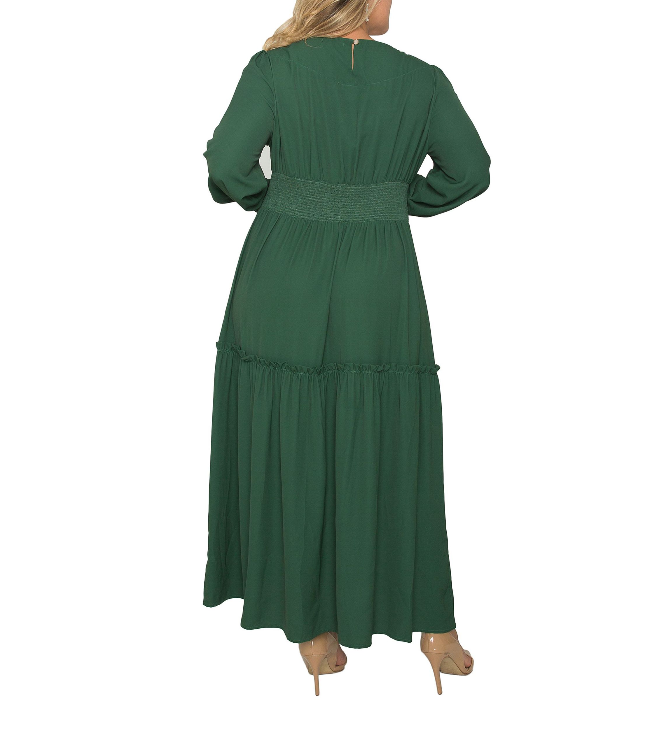 Plus Size Womens Green Smocked Waist Long Sleeve Maxi Dress
