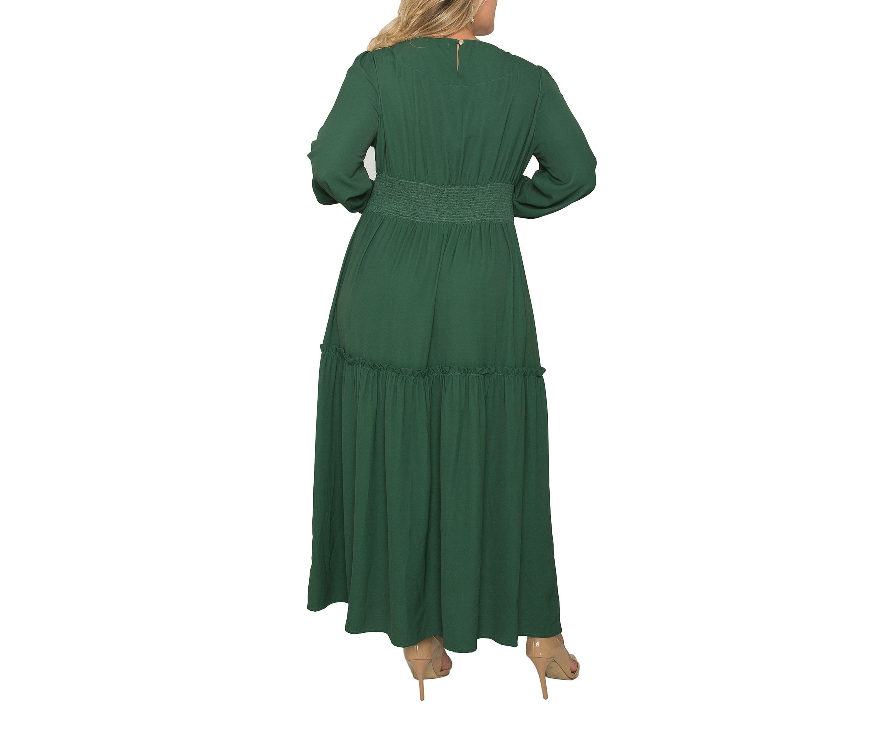 Plus Size Womens Green Smocked Waist Long Sleeve Maxi Dress