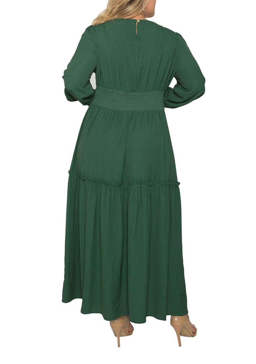 Plus Size Womens Green Smocked Waist Long Sleeve Maxi Dress