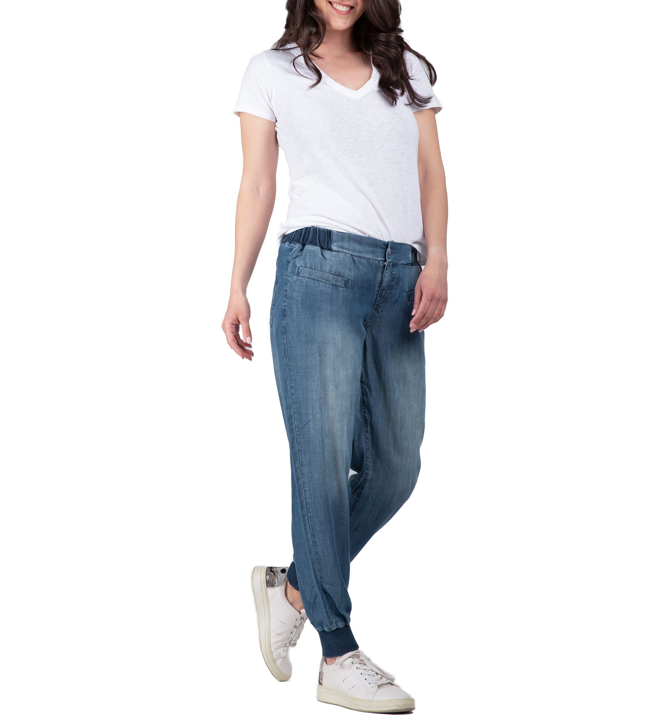 Rib Bottom Indigo Button Front Jogger Pants
