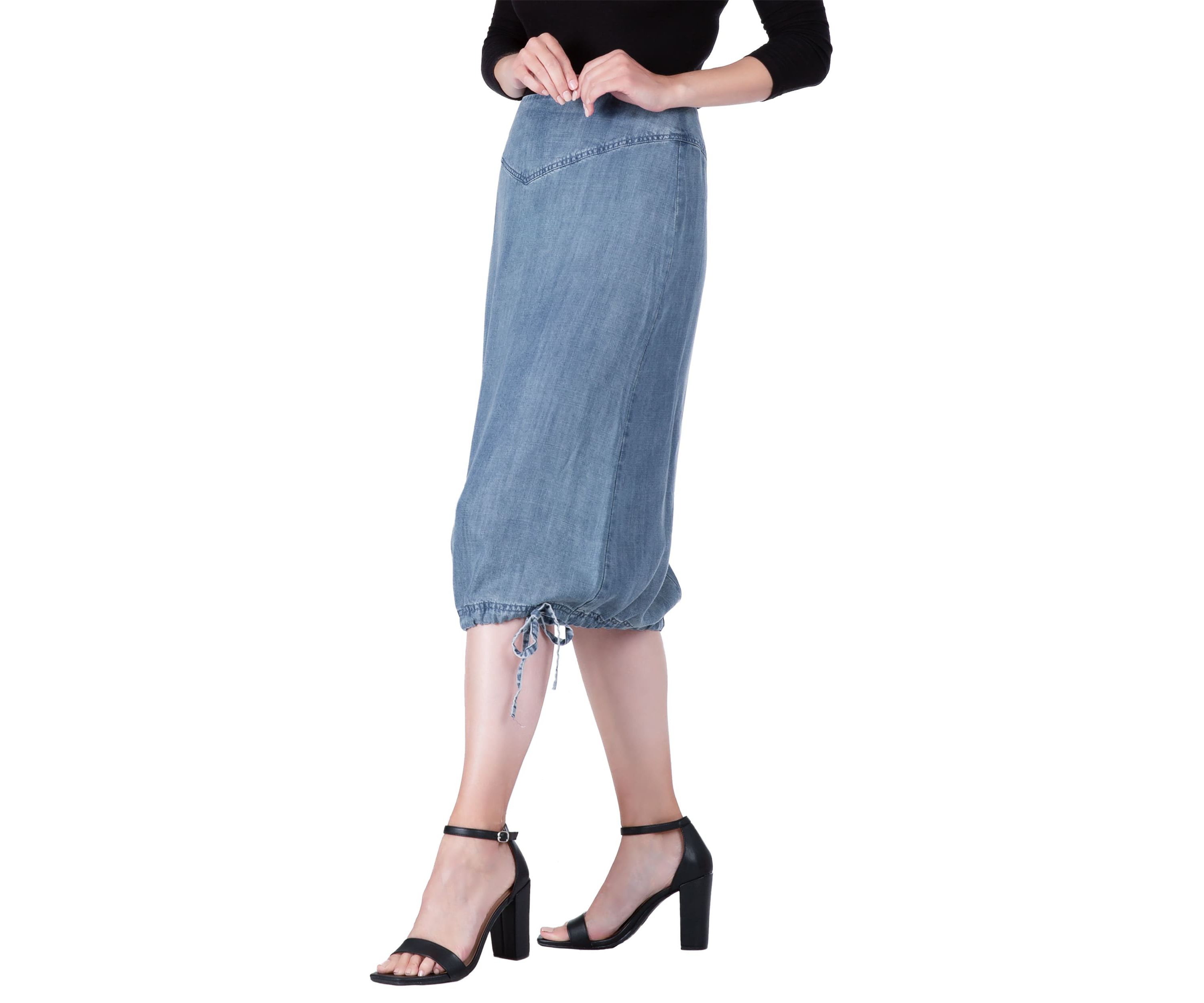 Modern Womens Denim Tencel Adjustable Hem Drawstring Skirt