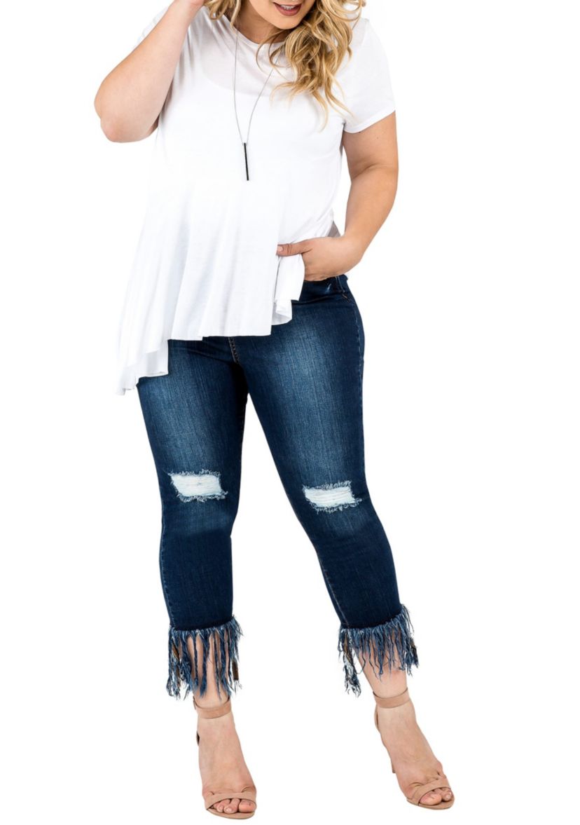 Plus Size Cropped Ankle Jeans Undone Raw Hem
