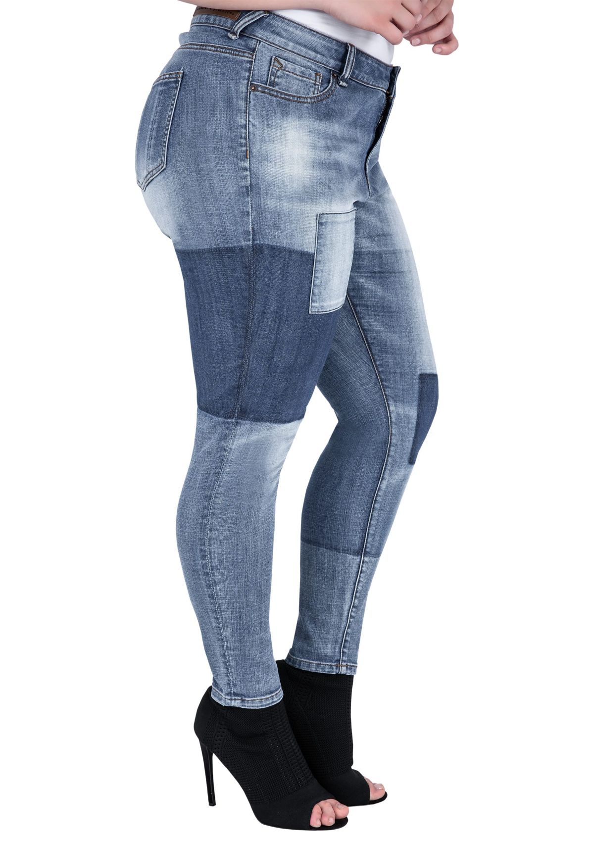 Plus Size Patchwork Indigo Stretch Jeans